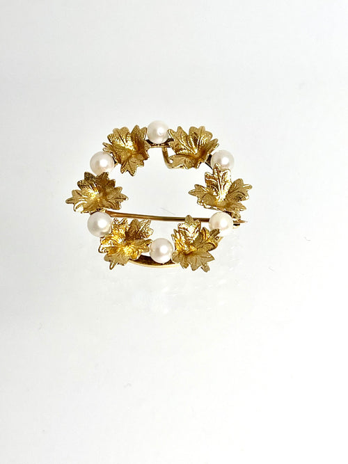 14k Gold Leaf Wreath Brooch: Vintage Cultured Pearl Pin/Pendant