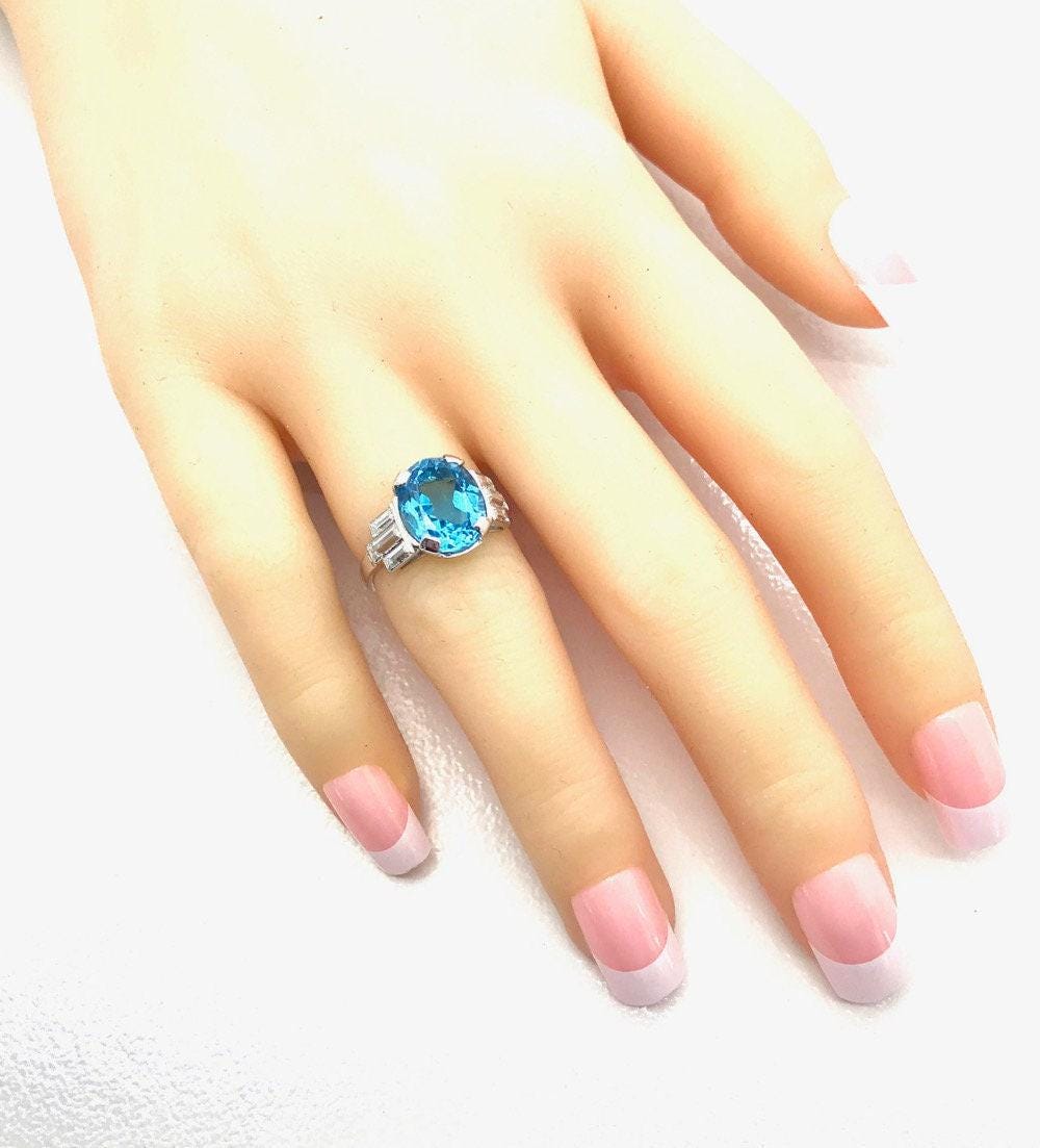Vintage 10k White Gold Blue Topaz Ring with CZ Accents