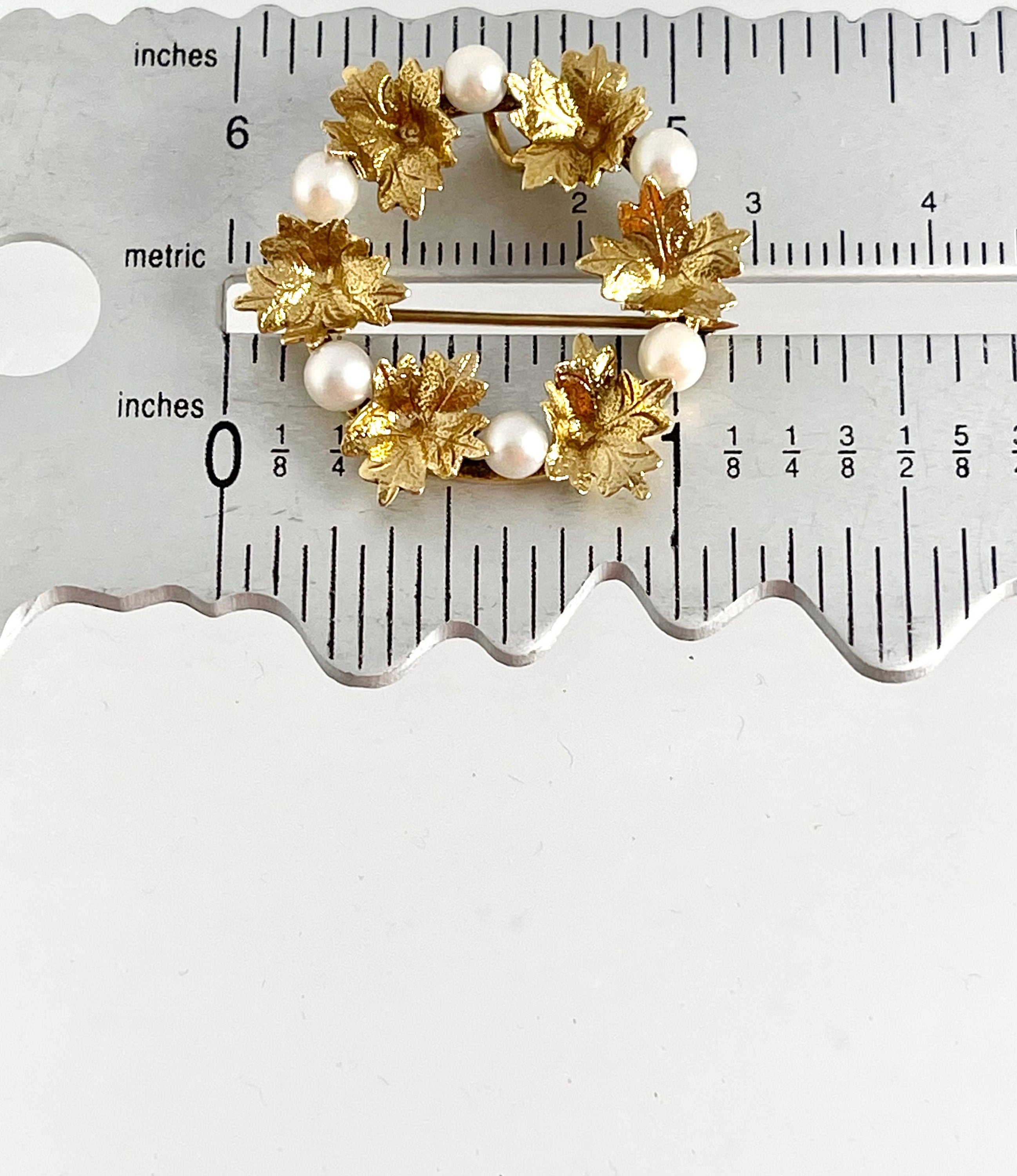 14k Gold Leaf Wreath Brooch: Vintage Cultured Pearl Pin/Pendant