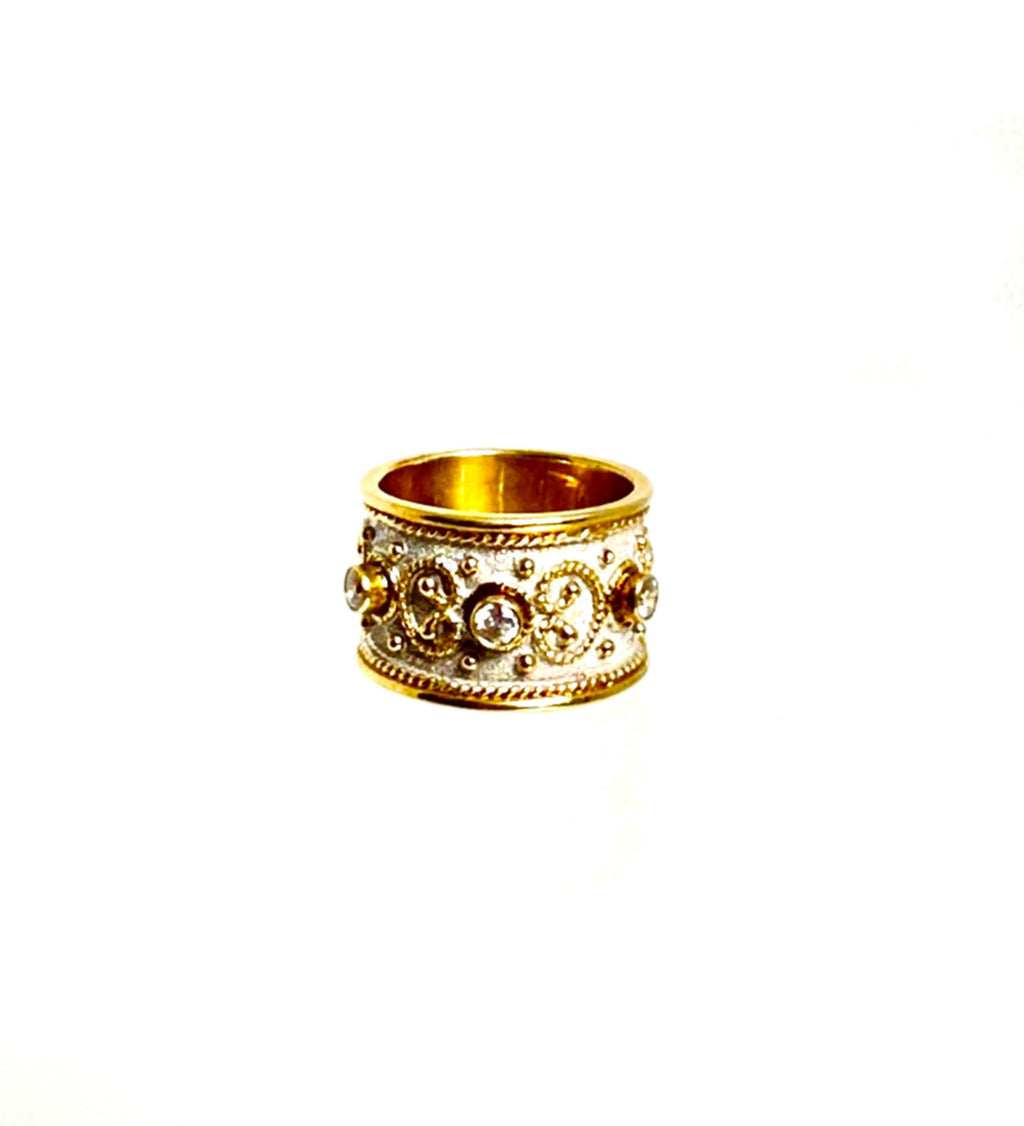 Hand Crafted Sterling Silver Ring with Gold Plated Accents and Cubic Zirconia
