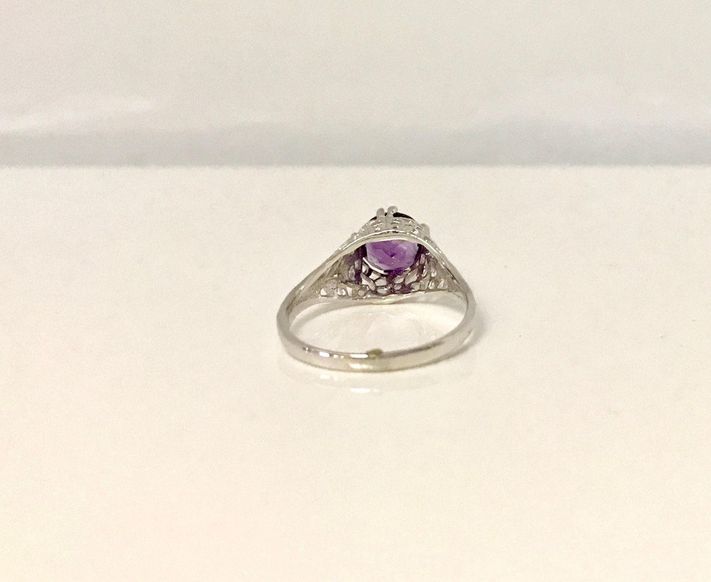 18K White Gold Filigree Amethyst Ring: Vintage Edwardian Style