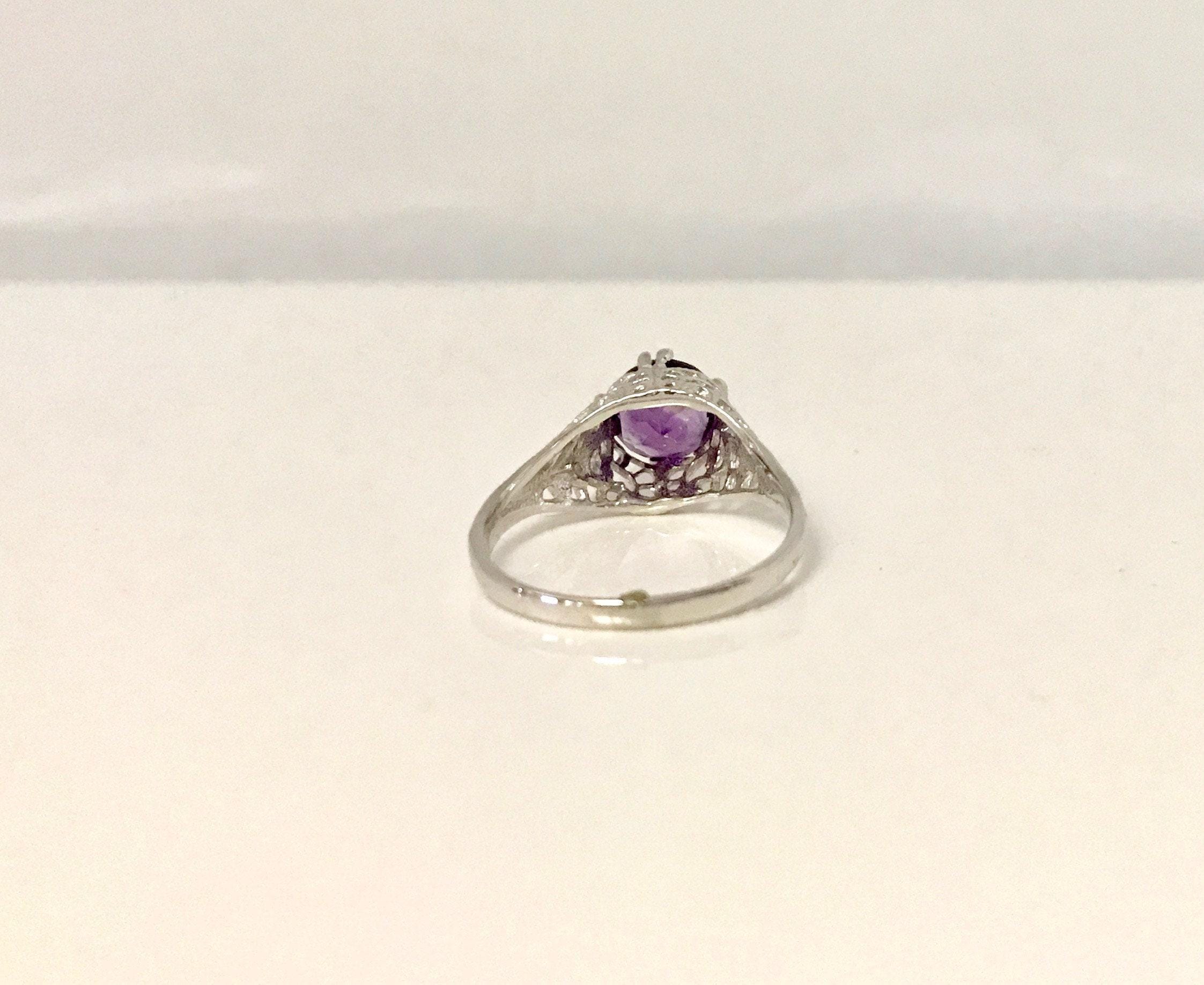 18K White Gold Filigree Amethyst Ring: Vintage Edwardian Style