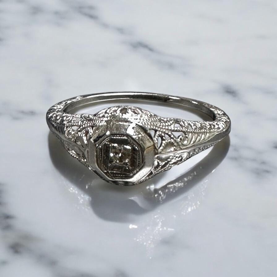 Edwardian Filigree Diamond Ring in 14K White Gold - Elegant Vintage Style