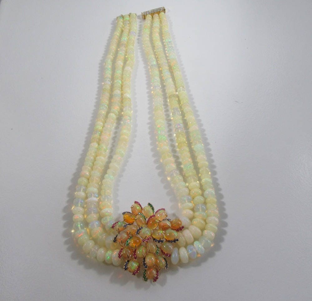 Triple Strand Opal Necklace: Sapphire, Ruby, Emerald & Diamond Clasp