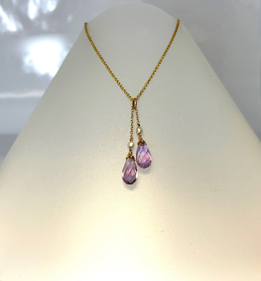 Vintage 14k Yellow Gold Amethyst Briolette & Pearl Necklace