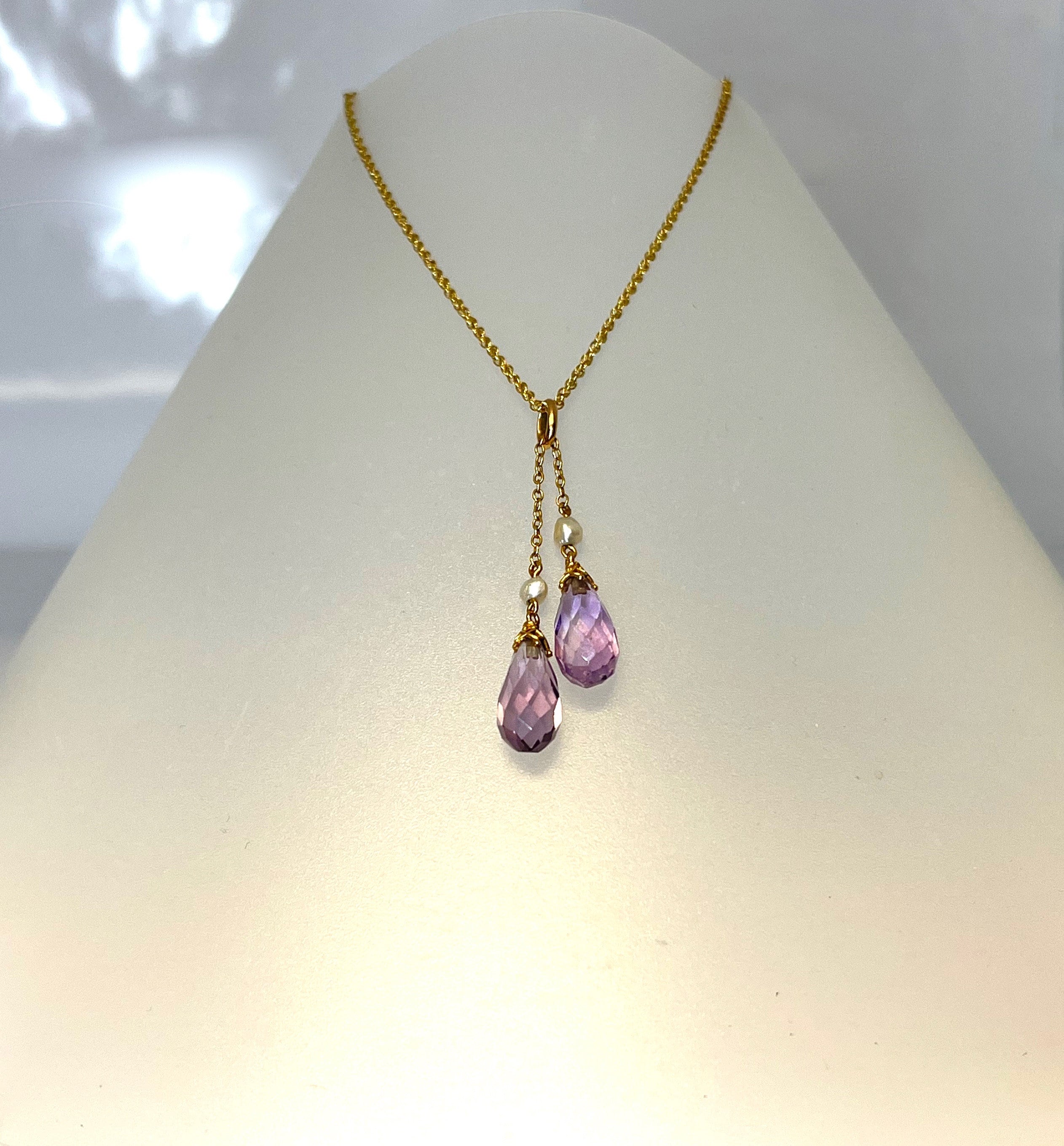 Vintage 14k Yellow Gold Amethyst Briolette & Pearl Necklace