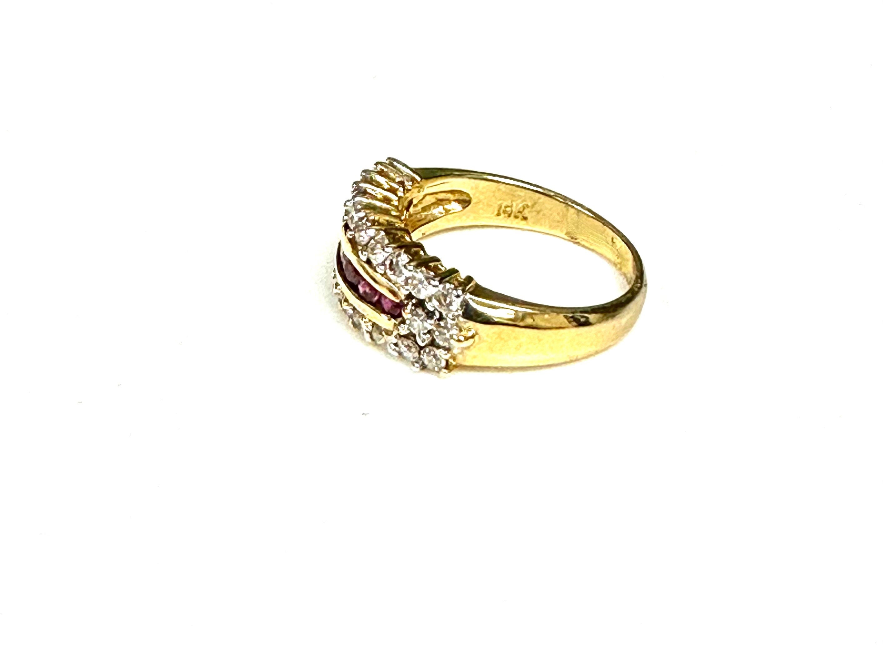 14K Yellow Gold Ruby Diamond Stacking Ring, Estate Vintage Straight Line Band