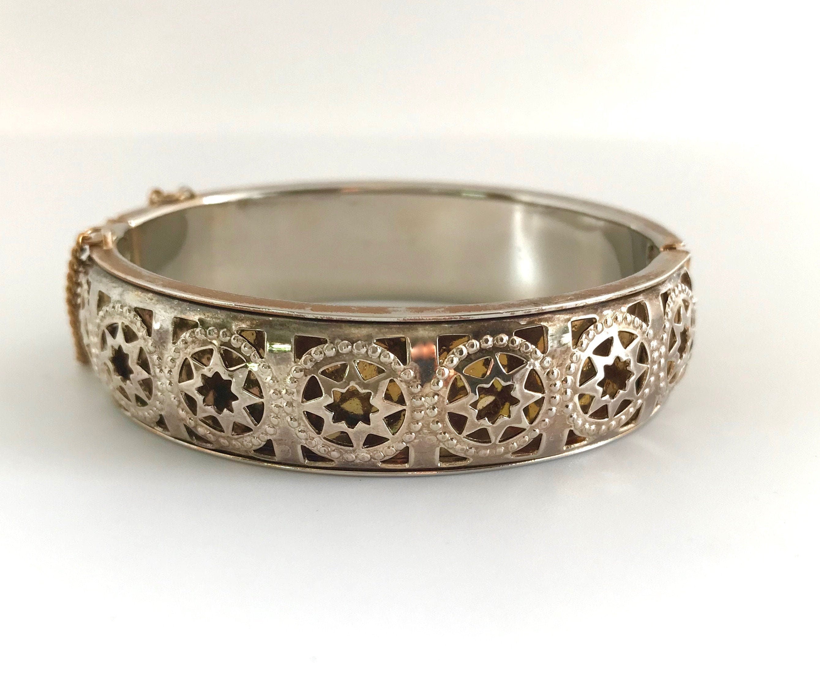 Vintage Gold & White Tone Star Cutout Bangle Bracelet