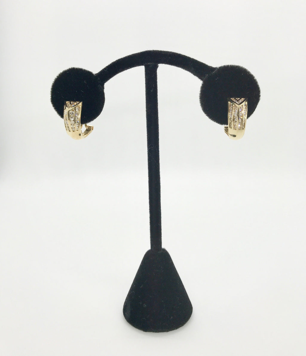Vintage 14K Yellow Gold Diamond Earrings: Geometric Channel Set Clip Ons