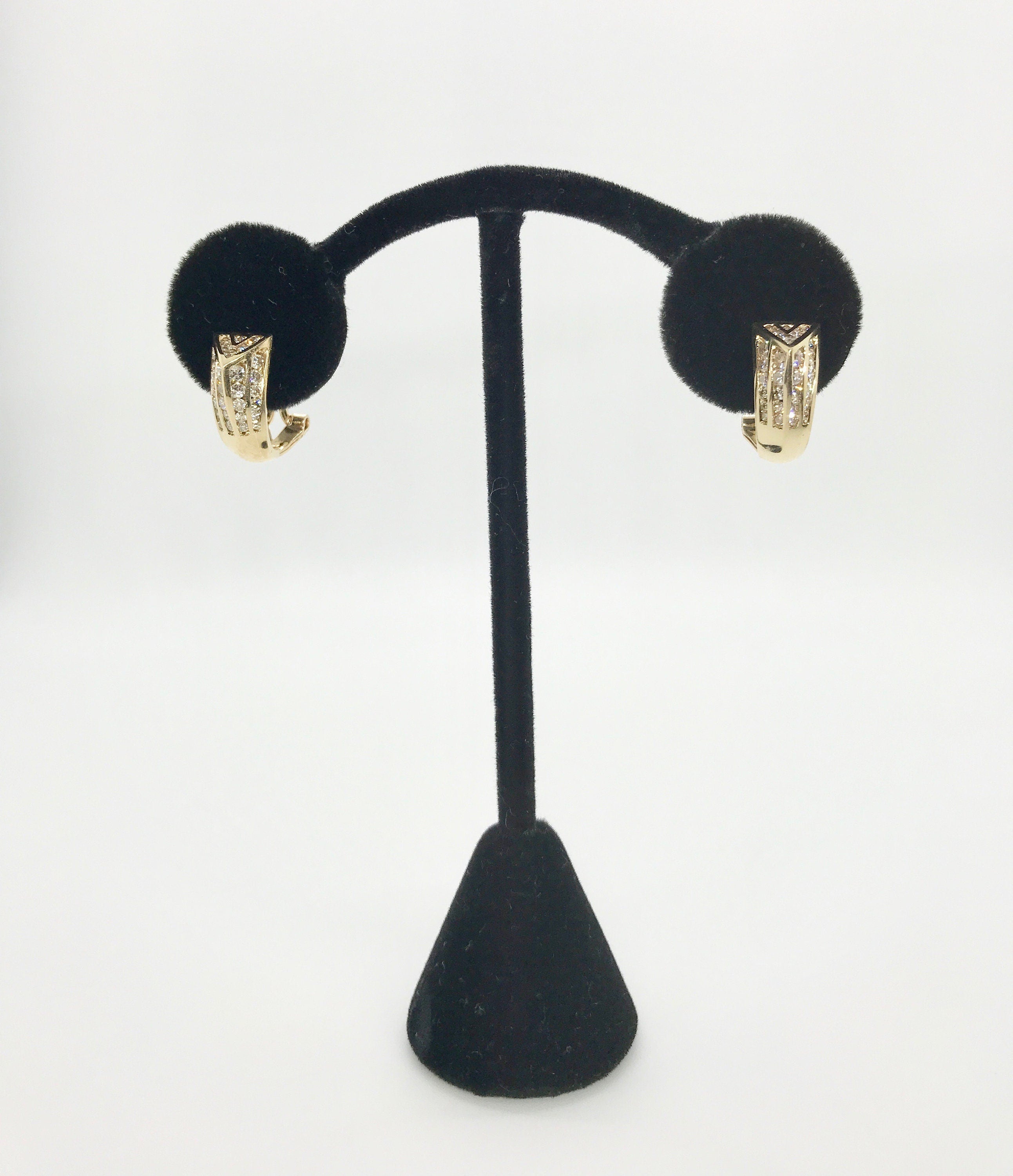 Vintage 14K Yellow Gold Diamond Earrings: Geometric Channel Set Clip Ons