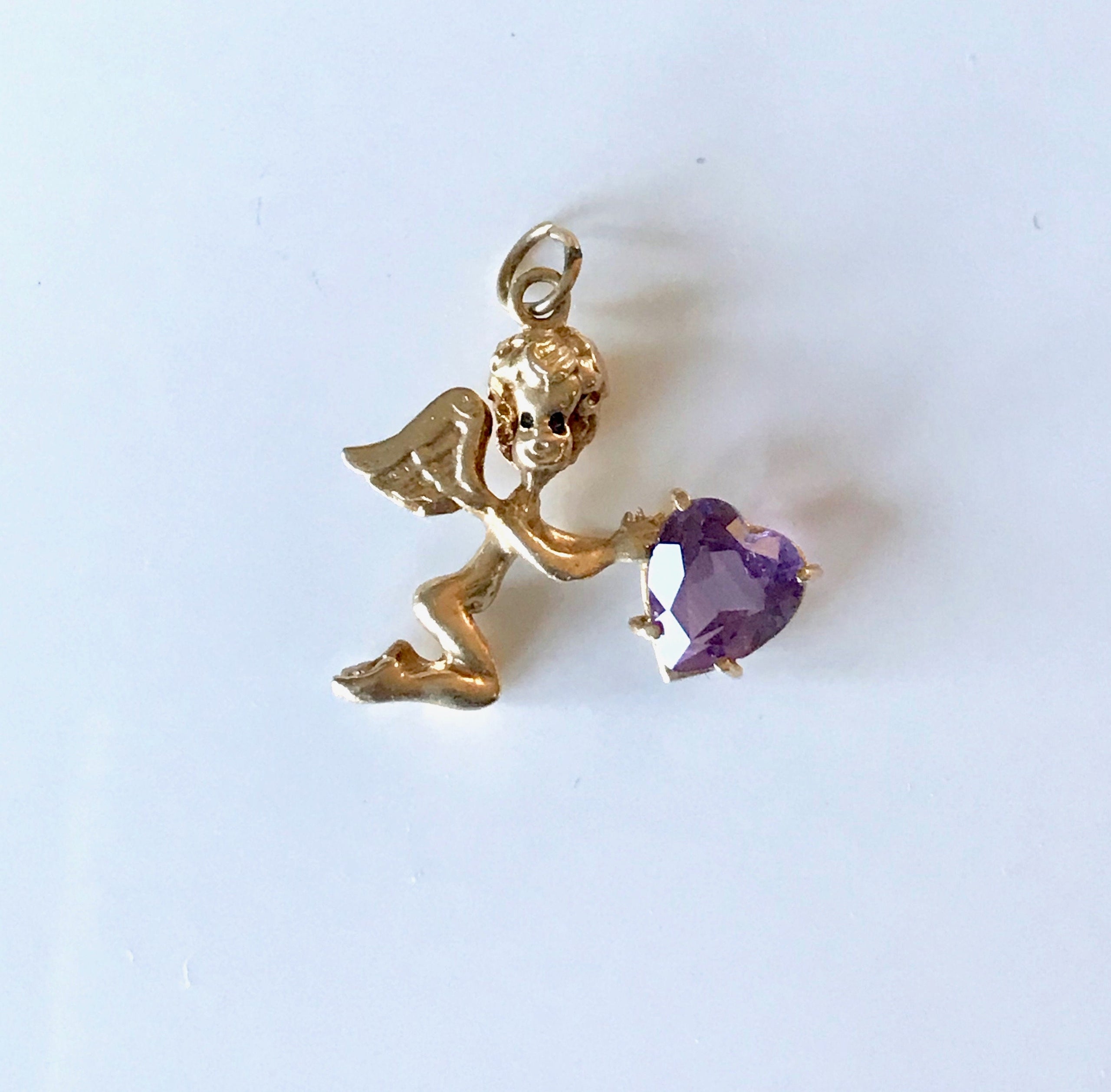 14k Yellow Gold Angel Pendant: Vintage Amethyst Heart, February Birthstone