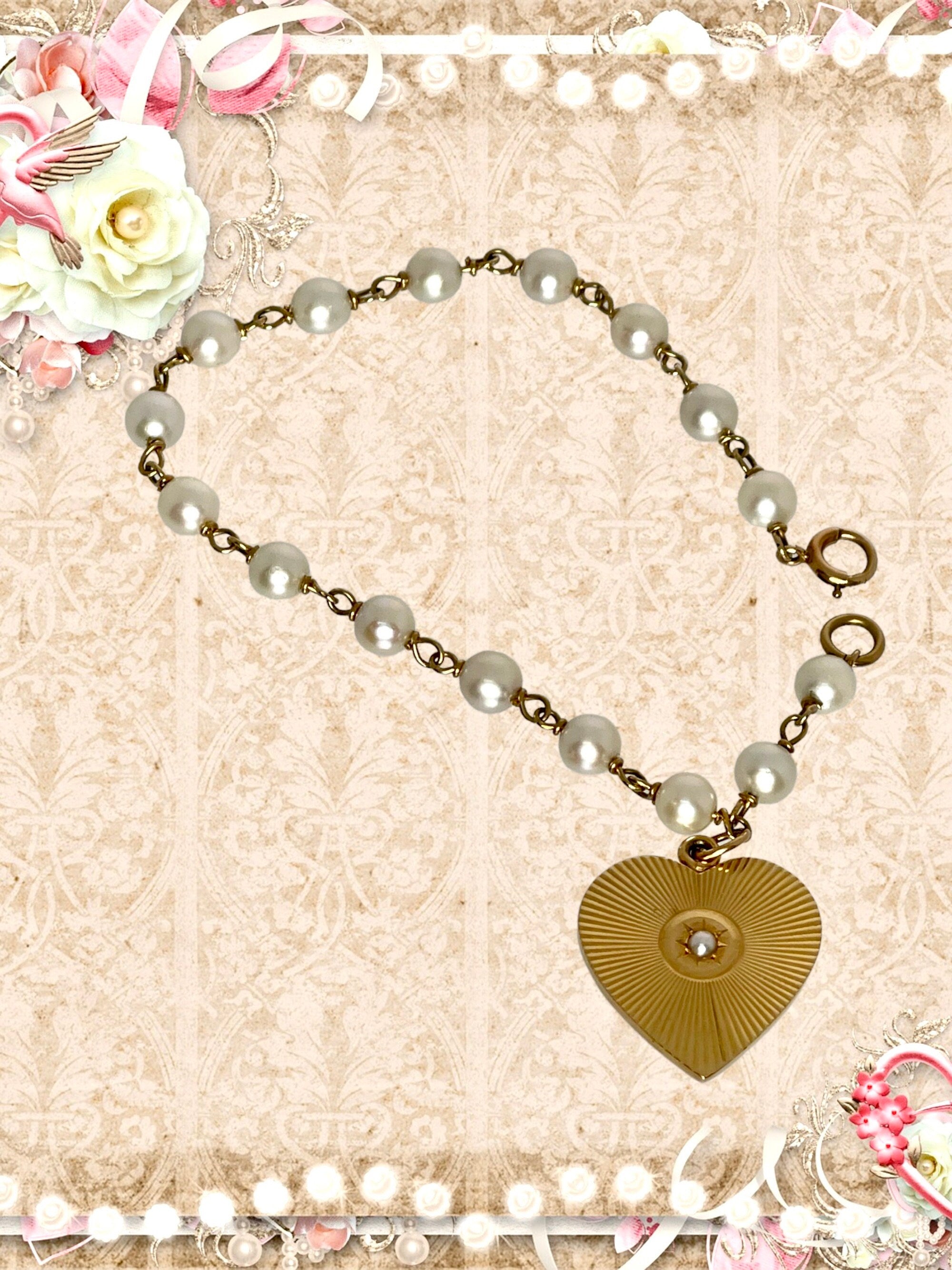 Vintage 14k Gold Heart Charm Bracelet: Cultured Pearl Bridal Jewelry