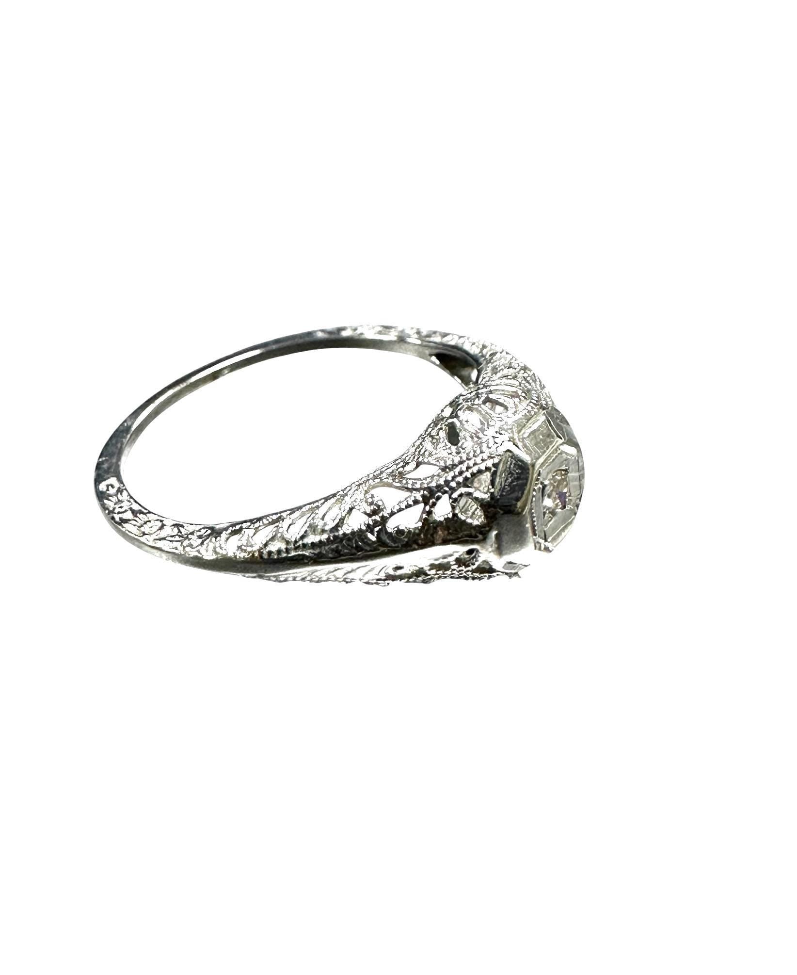 Edwardian Filigree Diamond Ring in 14K White Gold - Elegant Vintage Style