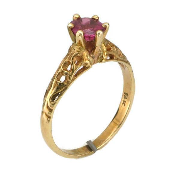 Vintage Ruby Ring, 14k Yellow Gold Filigree, July Birthstone