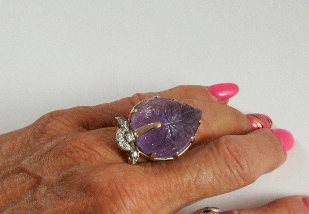 1970s Carved Amethyst Diamond Ring: 14k Gold Statement Ring, Size 6.5