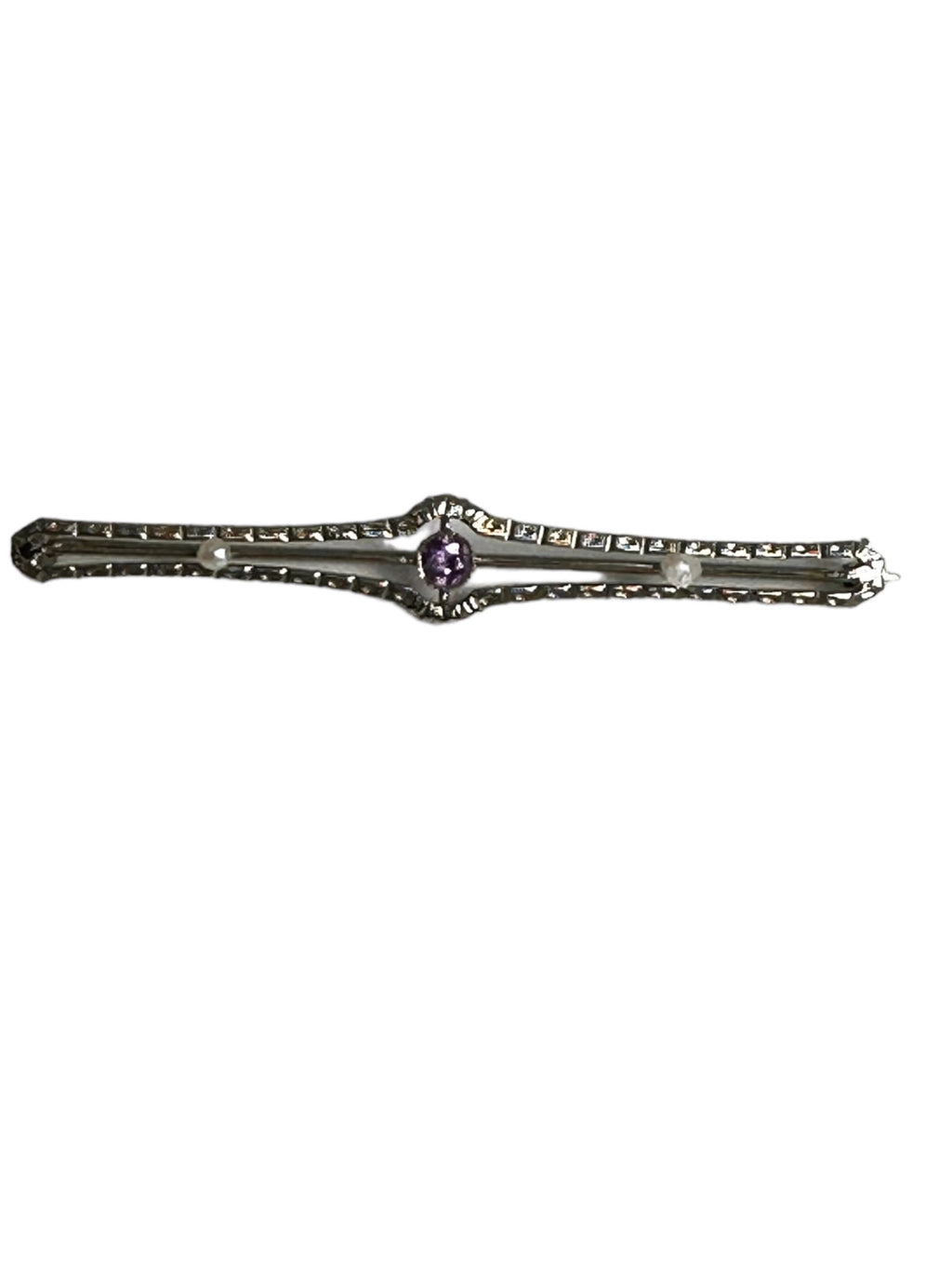 Elegant 10K White Gold Amethyst & Pearl Pin, Edwardian Style Amethyst Brooch