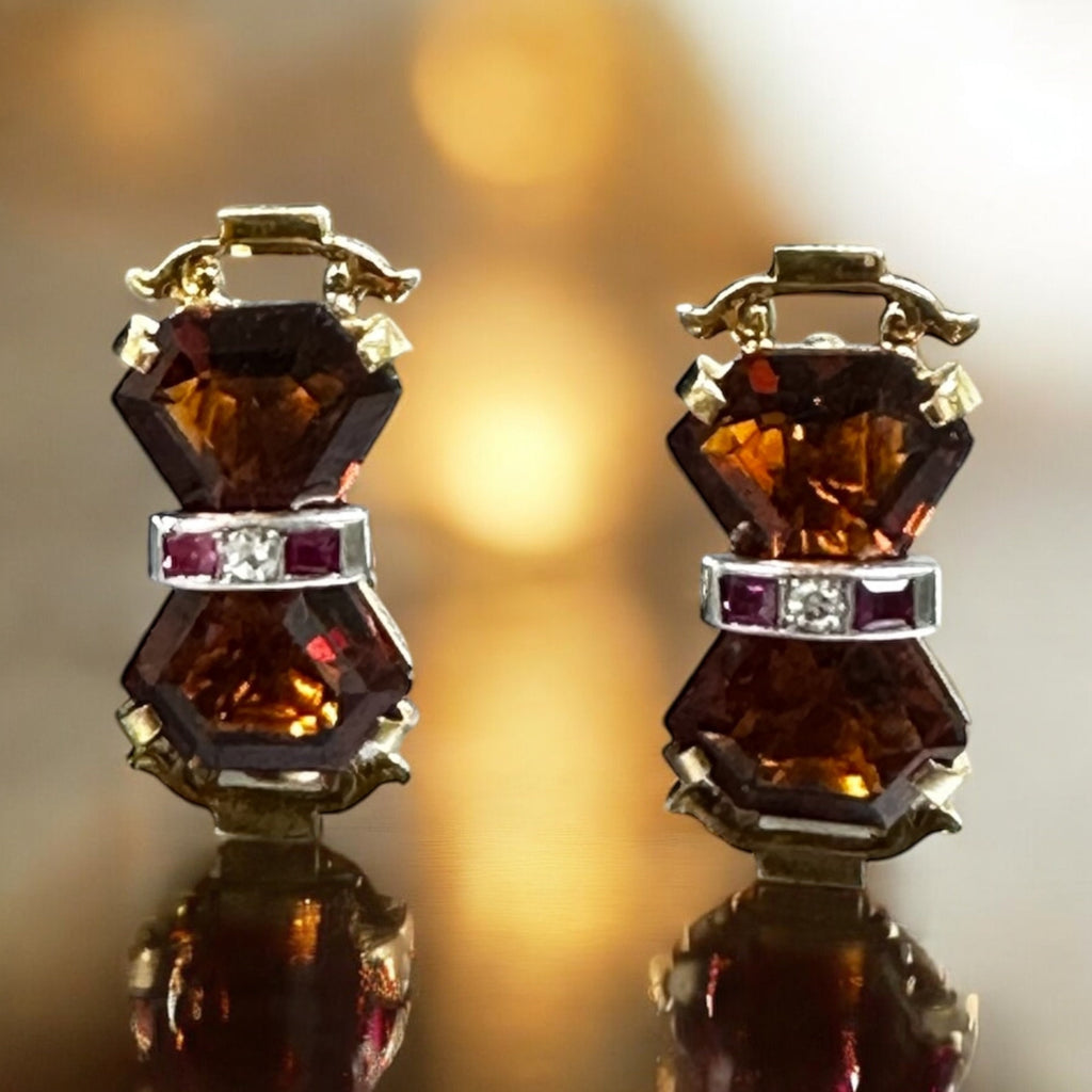 Yellow Gold Art Deco Citrine Ruby Earrings: Screw Back