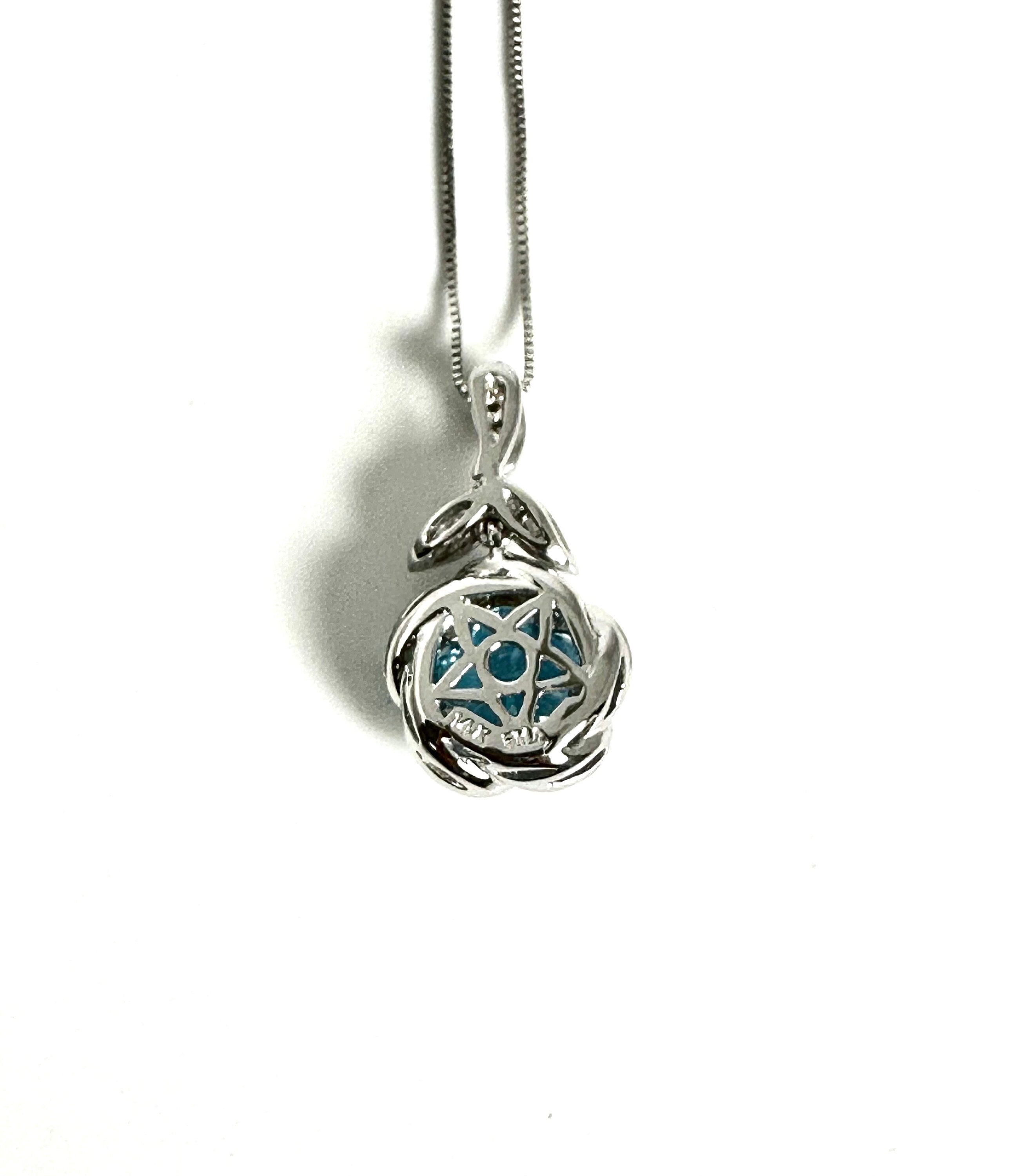14K White Gold Flower-Cut Blue Topaz Diamond Necklace