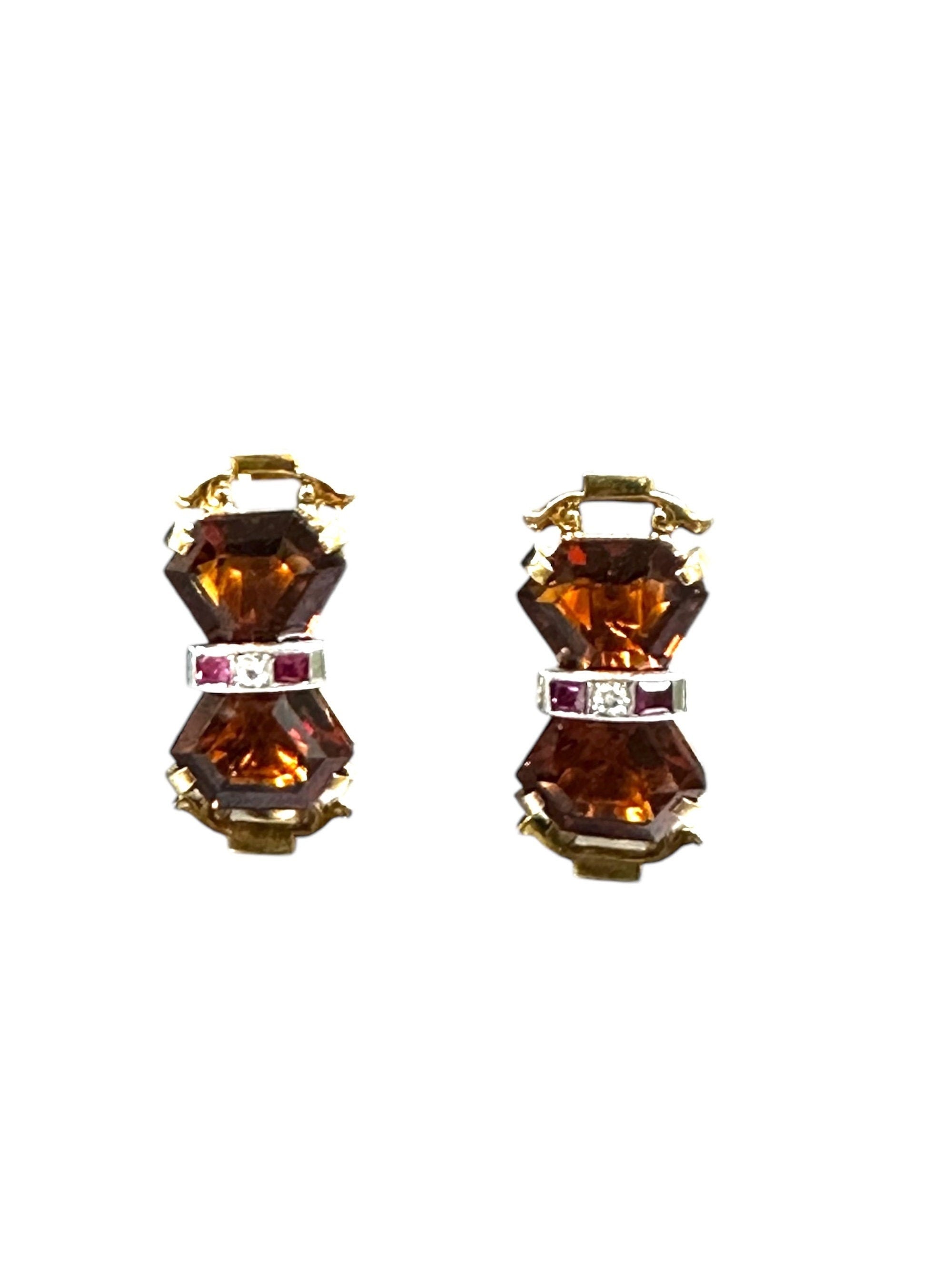 Yellow Gold Art Deco Citrine Ruby Earrings: Screw Back