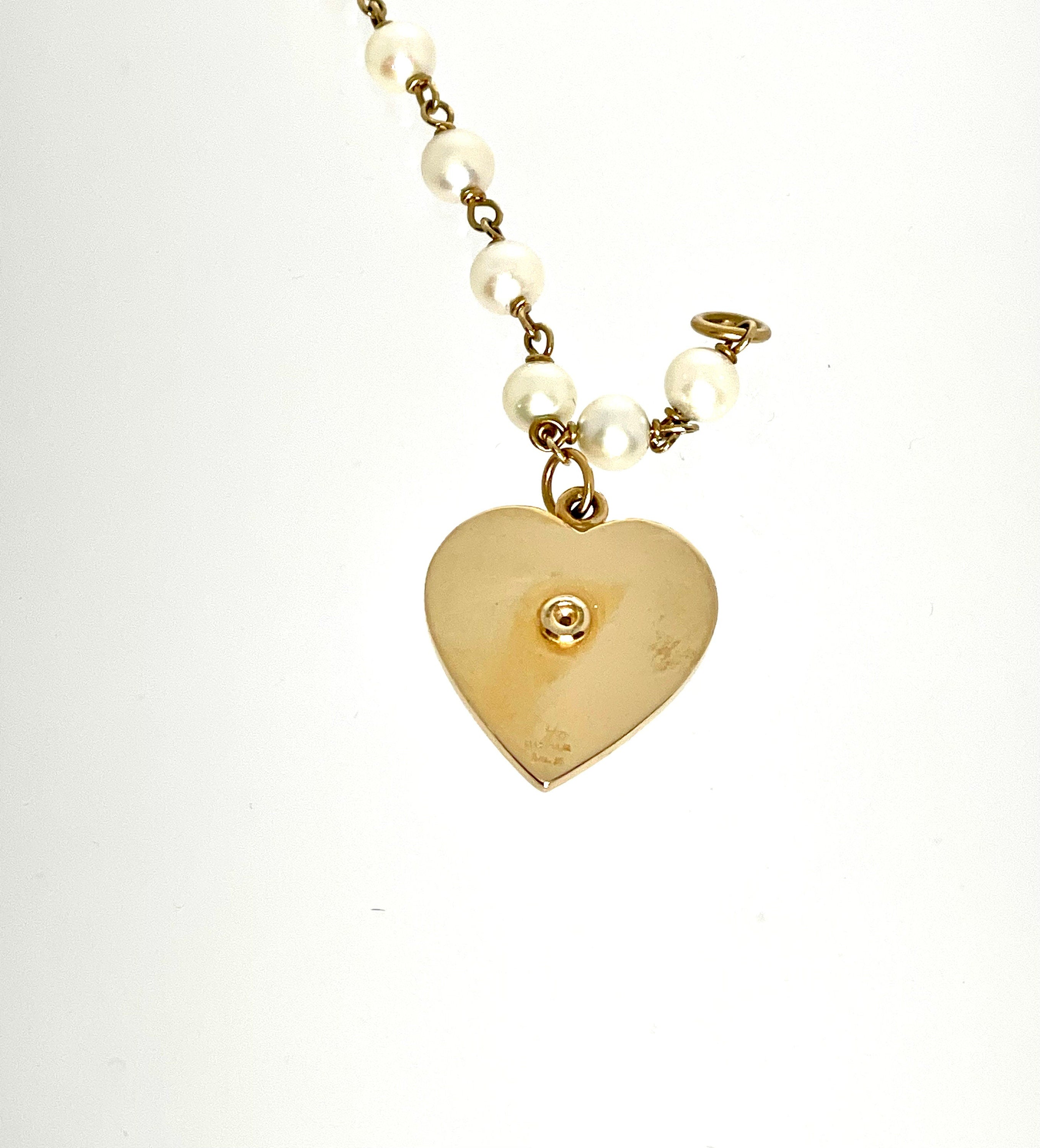 Vintage 14k Gold Heart Charm Bracelet: Cultured Pearl Bridal Jewelry