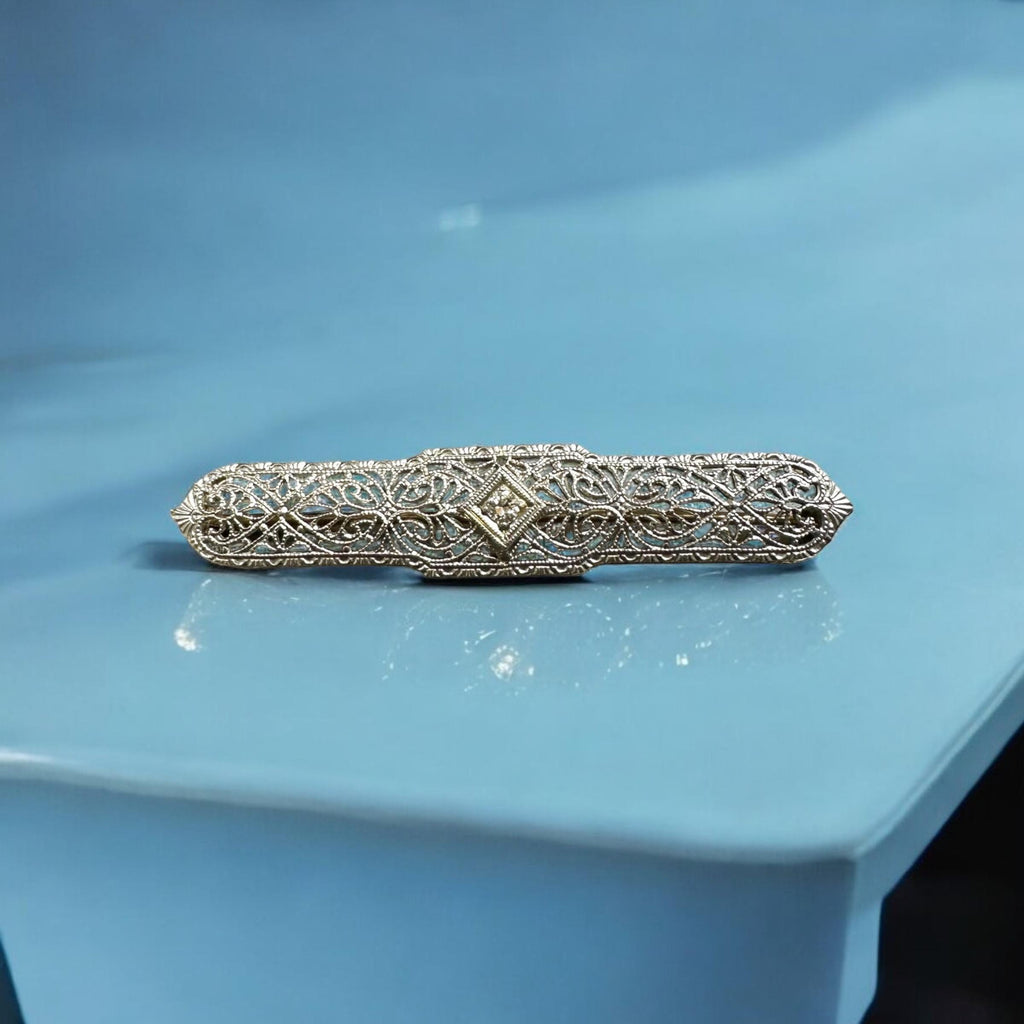 Elegant Edwardian Diamond Filigree Bar Pin in 14K White Gold