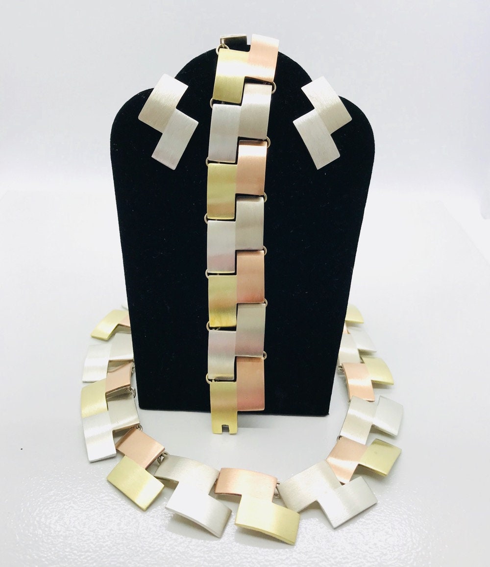 Mixed Metal Necklace Bracelet Earring Set: Sterling Silver, Brass & Copper