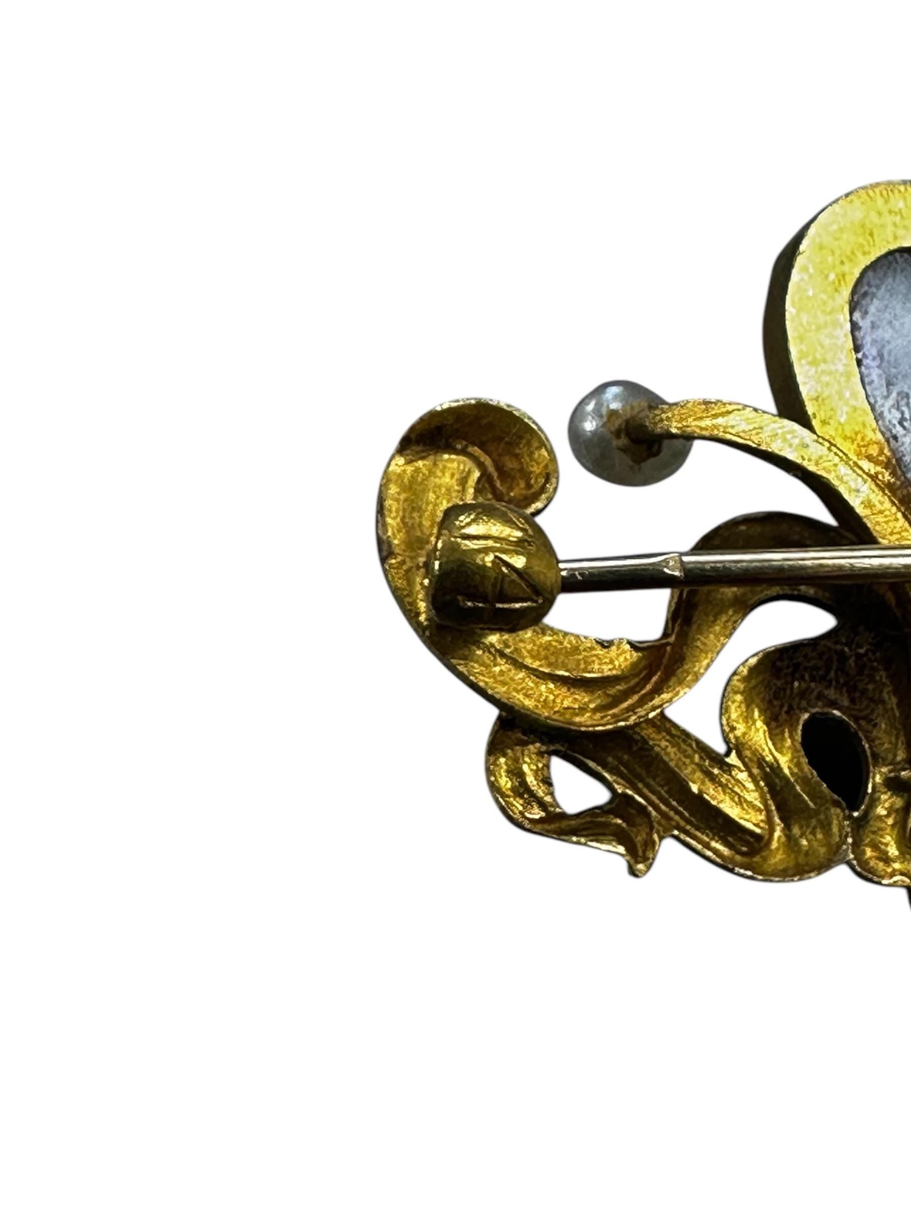 Art Nouveau Amethyst Pearl Brooch, 14K Yellow Gold Pin