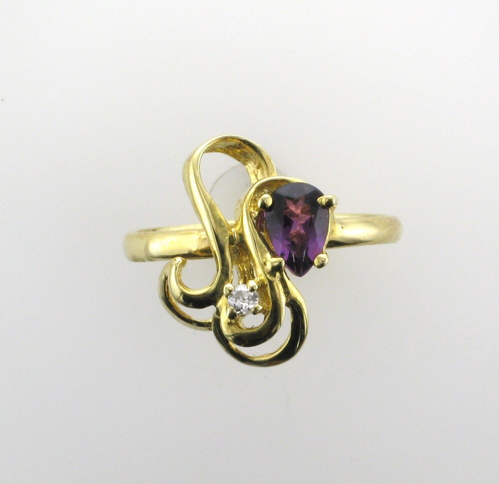 Vintage 14k Yellow Gold Amethyst Pear Ring with Diamond - 1970s
