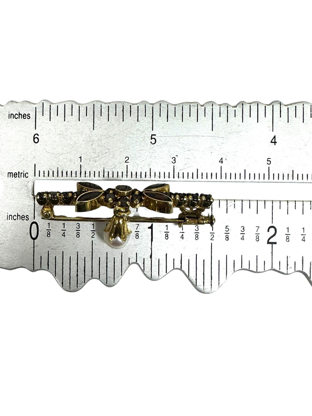 14K Yellow Gold Garnet Bar Pin with Cultured Pearl Drop in Floral Design