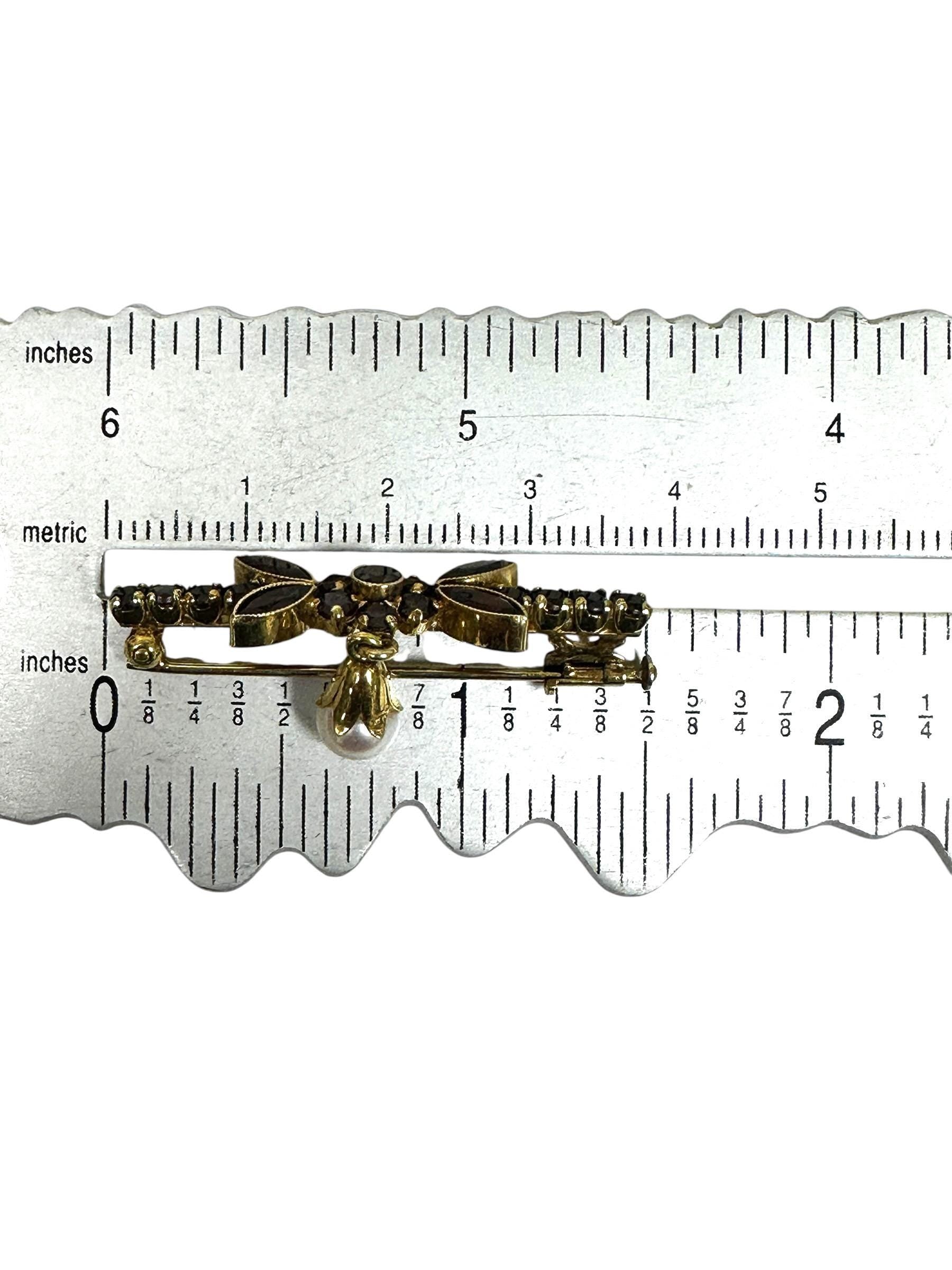 14K Yellow Gold Garnet Bar Pin with Cultured Pearl Drop in Floral Design