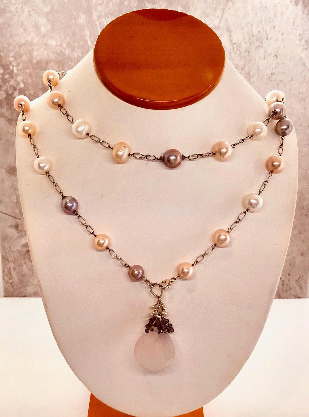 Sterling Silver Fresh Water Pearl Necklace with Rose Quartz Pendant