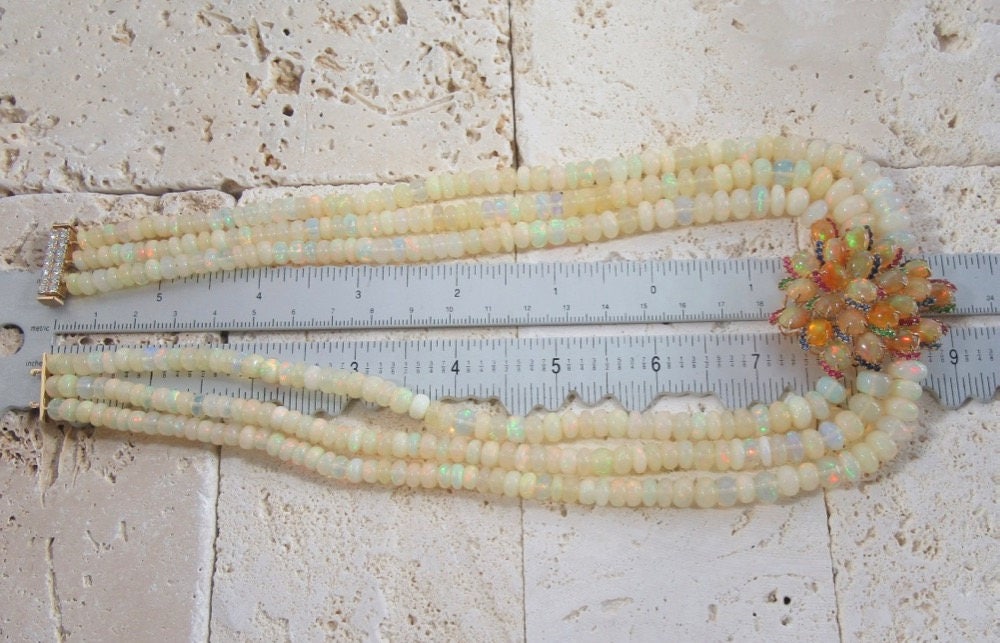 Triple Strand Opal Necklace: Sapphire, Ruby, Emerald & Diamond Clasp