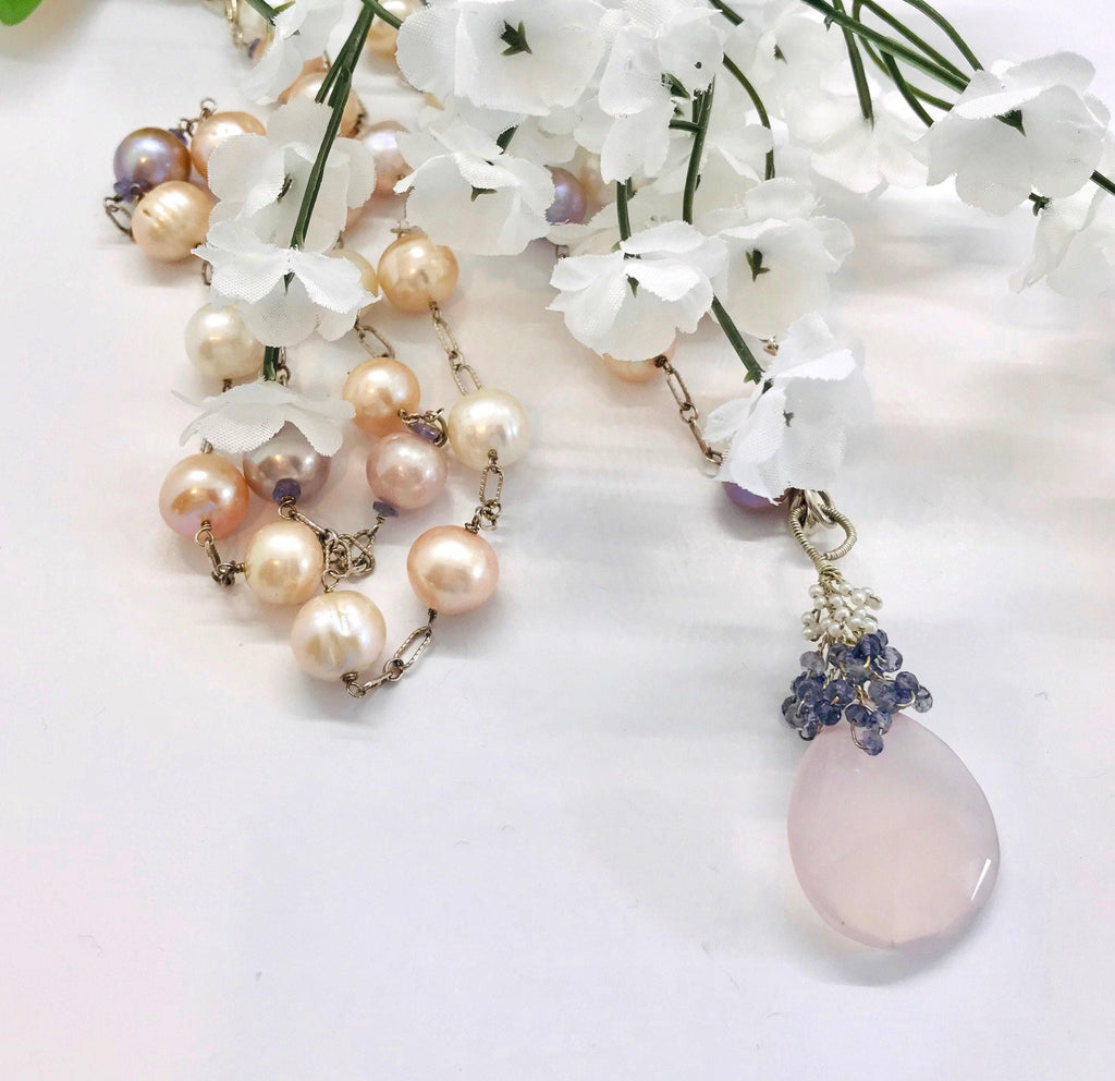 Sterling Silver Fresh Water Pearl Necklace with Rose Quartz Pendant