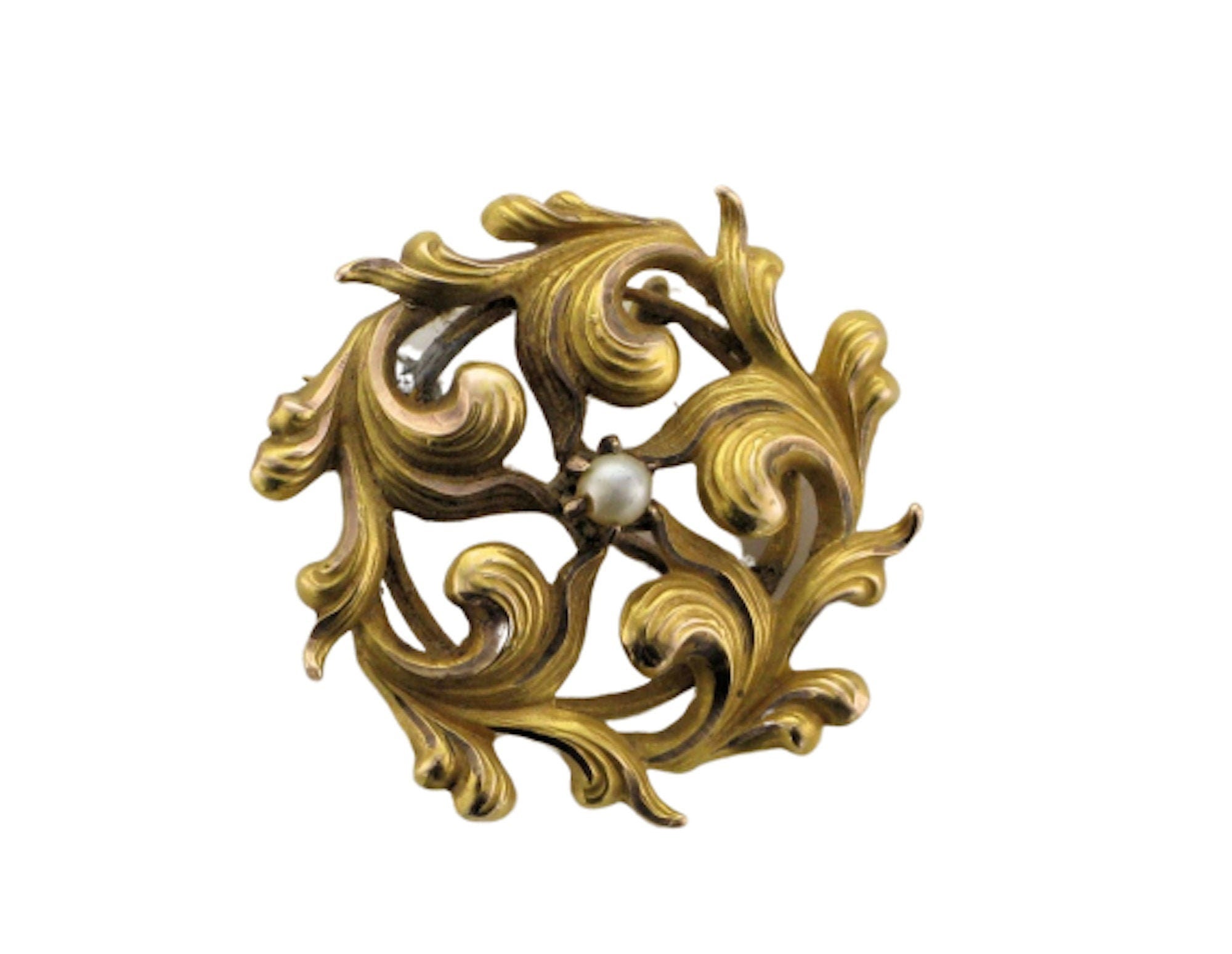 Victorian 14k Yellow Gold Pearl Pin Pendant: Rococo Design