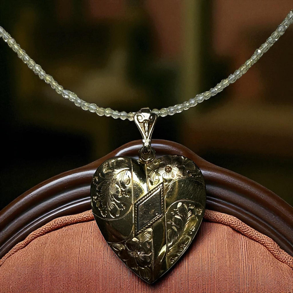 Vintage Gold-Filled Engraved Heart Locket Necklace Suspended by Quartz Crystal