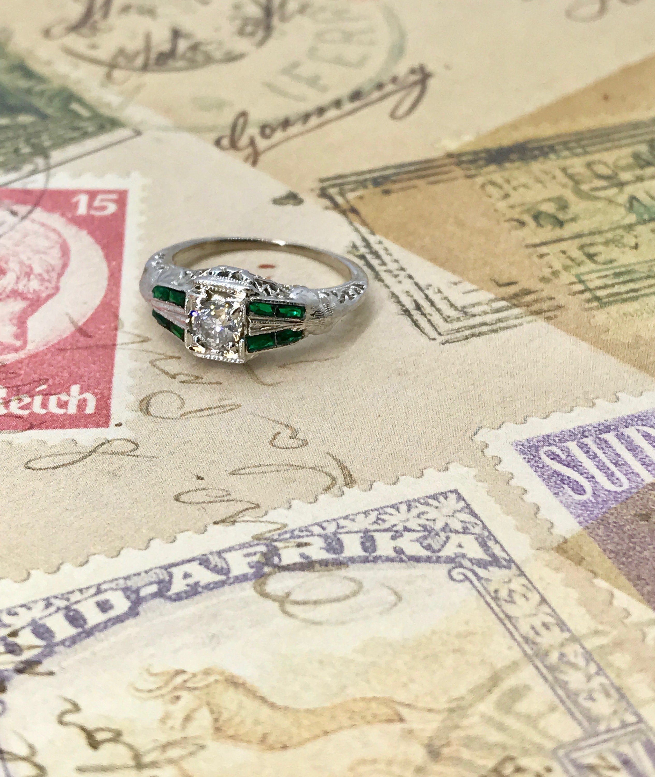 White Gold Diamond and Synthetic Emerald Filigree Engagement Ring