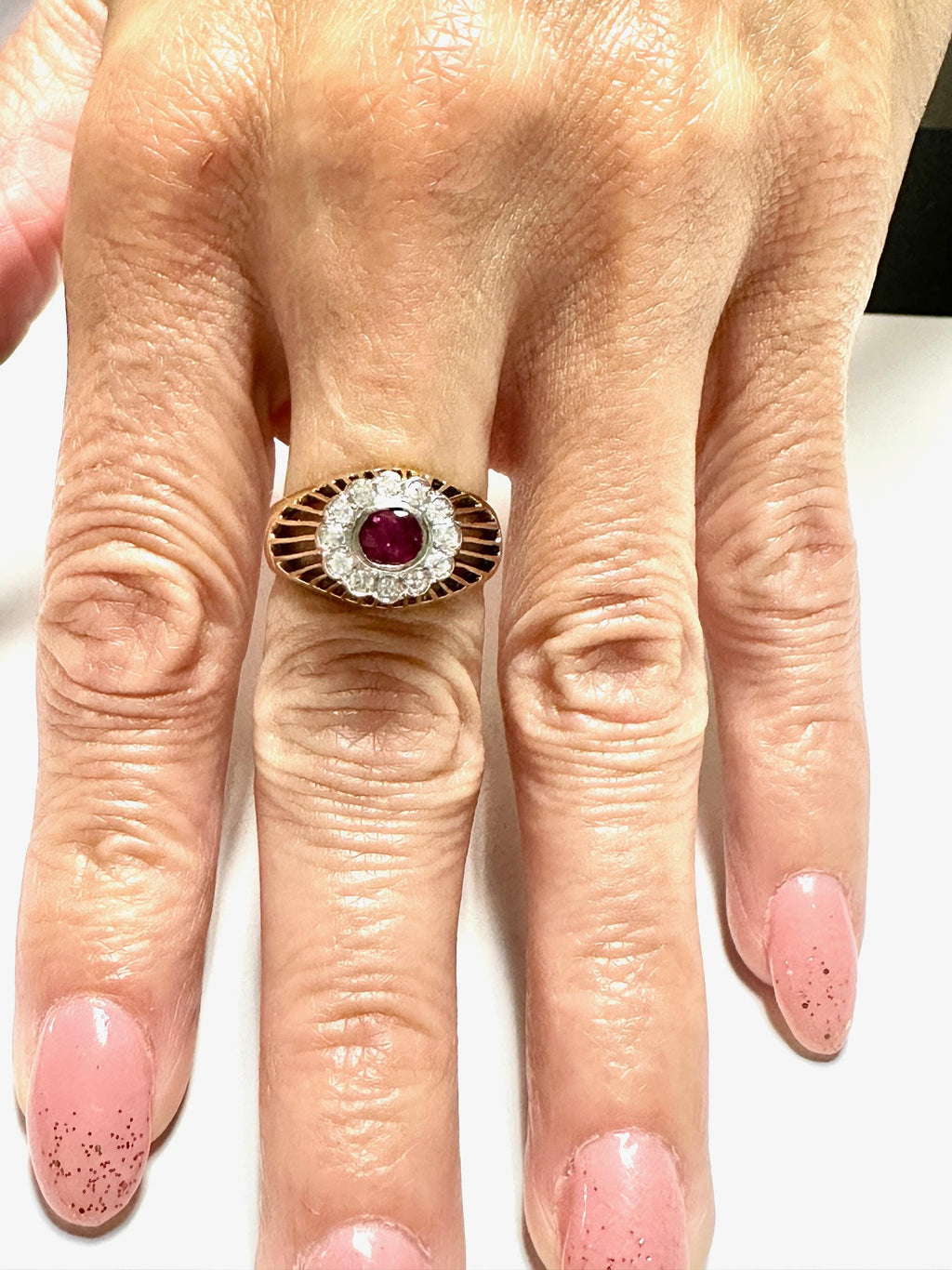 Vintage 14K Yellow Gold Ruby and Diamond Ring, Elevated Ruby Setting