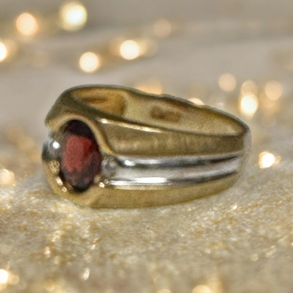 Vintage Garnet and Diamond Two Tone Gold Ring with Brush Finish