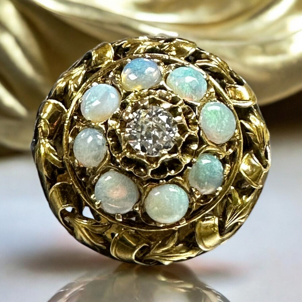 Yellow Gold Opal Diamond Ring: Floral Estate Jewelry