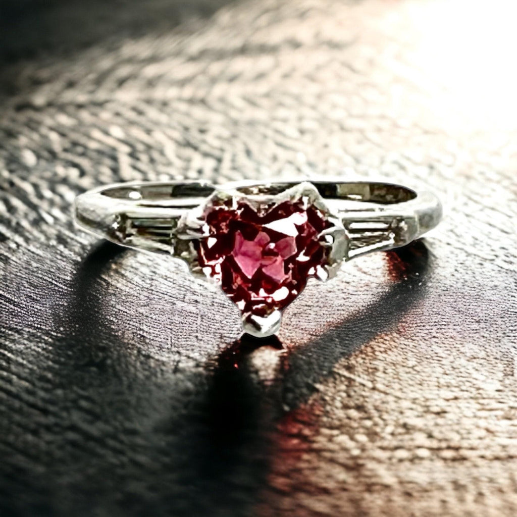 Unique 14K White Gold Heart Shaped Pink Tourmaline Ring with Baguette Diamond Accents