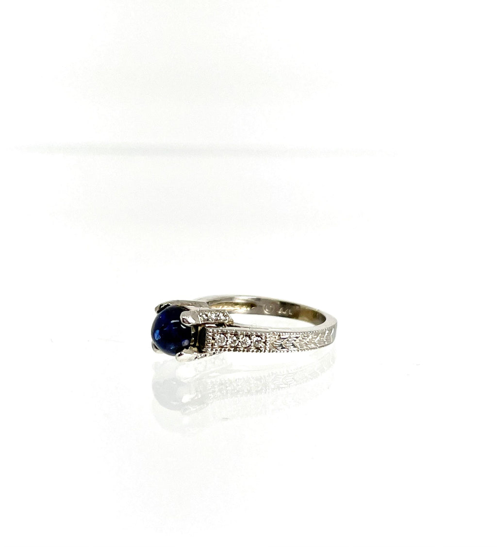 Vintage 14K White Gold Cabochon Sapphire and Diamond Ring