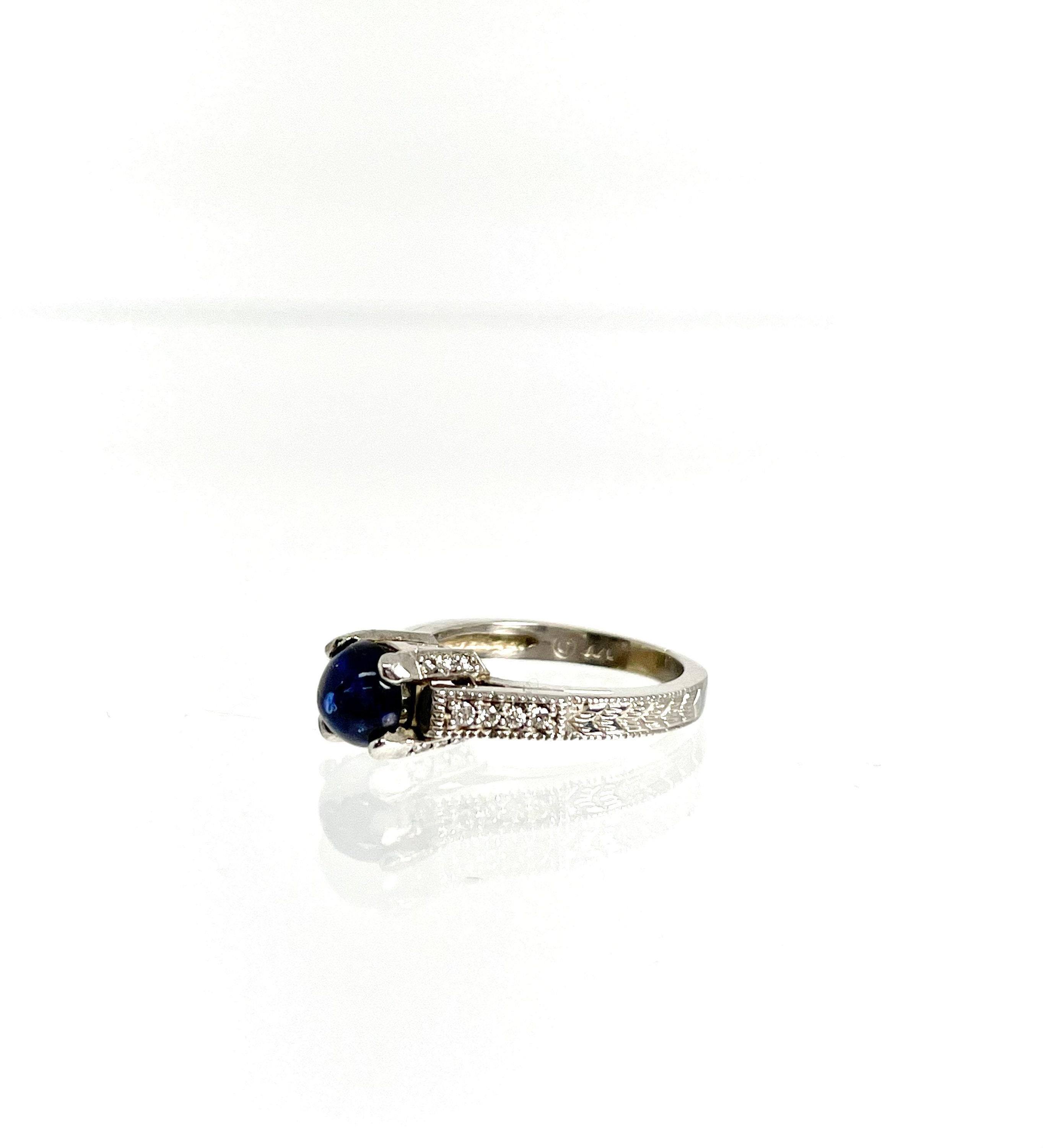 Vintage 14K White Gold Cabochon Sapphire and Diamond Ring