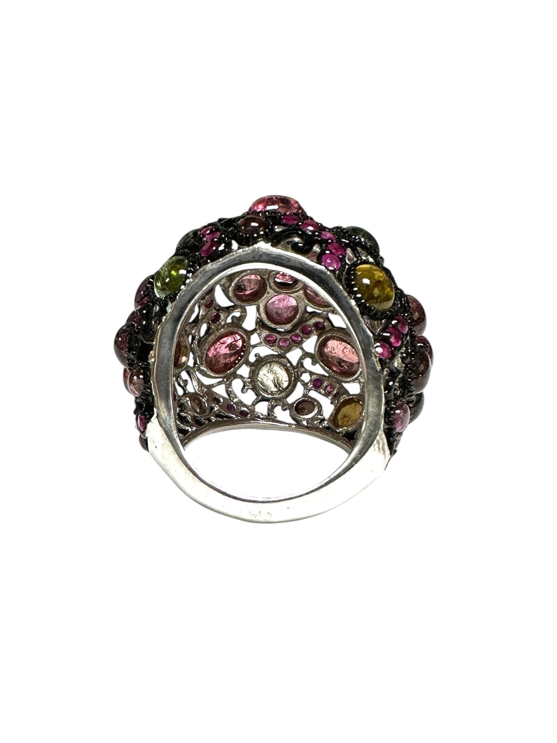 Oxidized Sterling Silver Dome Tourmaline and Ruby Ring, Cabochon Multi-Stone Design
