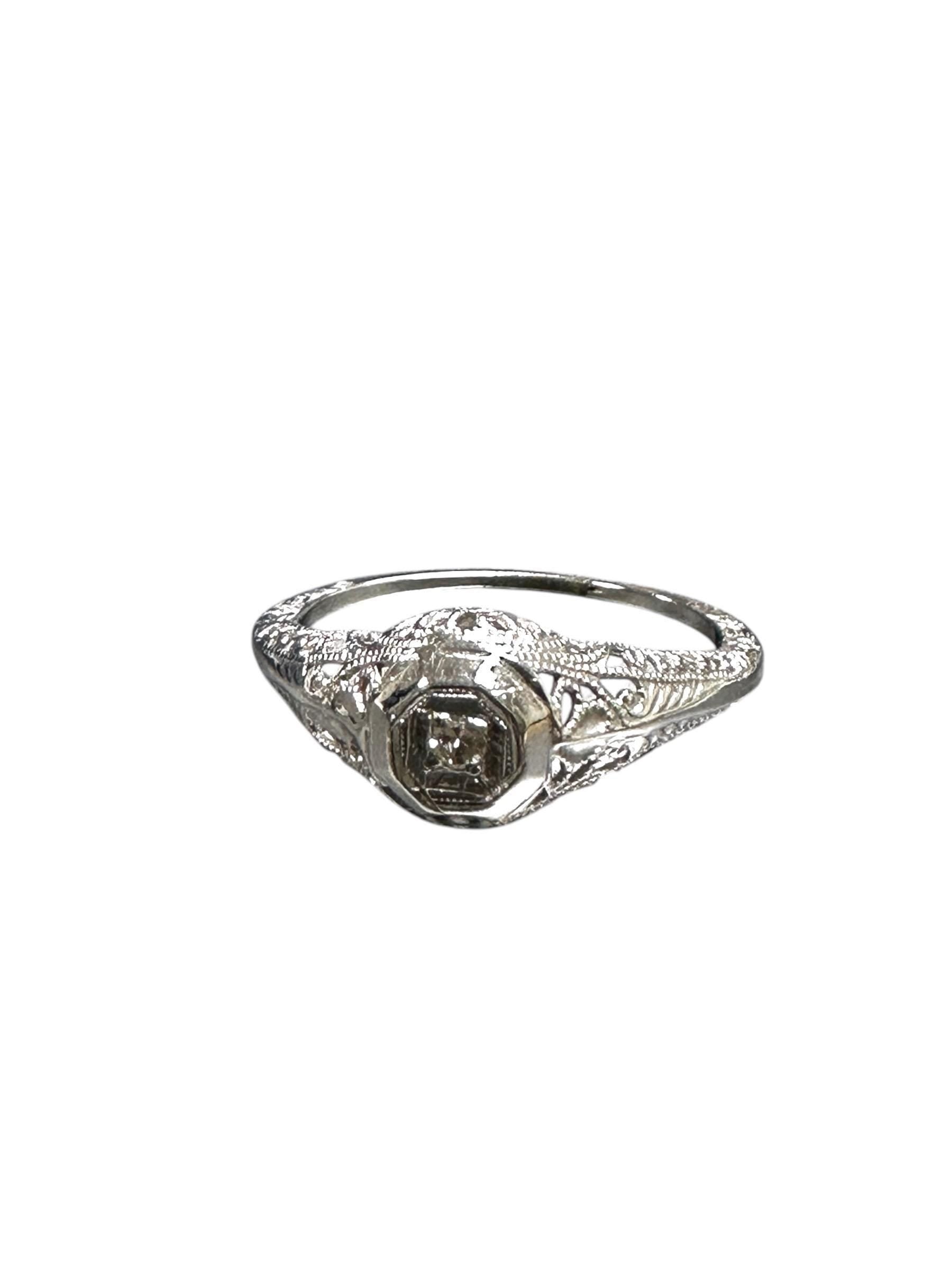 Edwardian Filigree Diamond Ring in 14K White Gold - Elegant Vintage Style