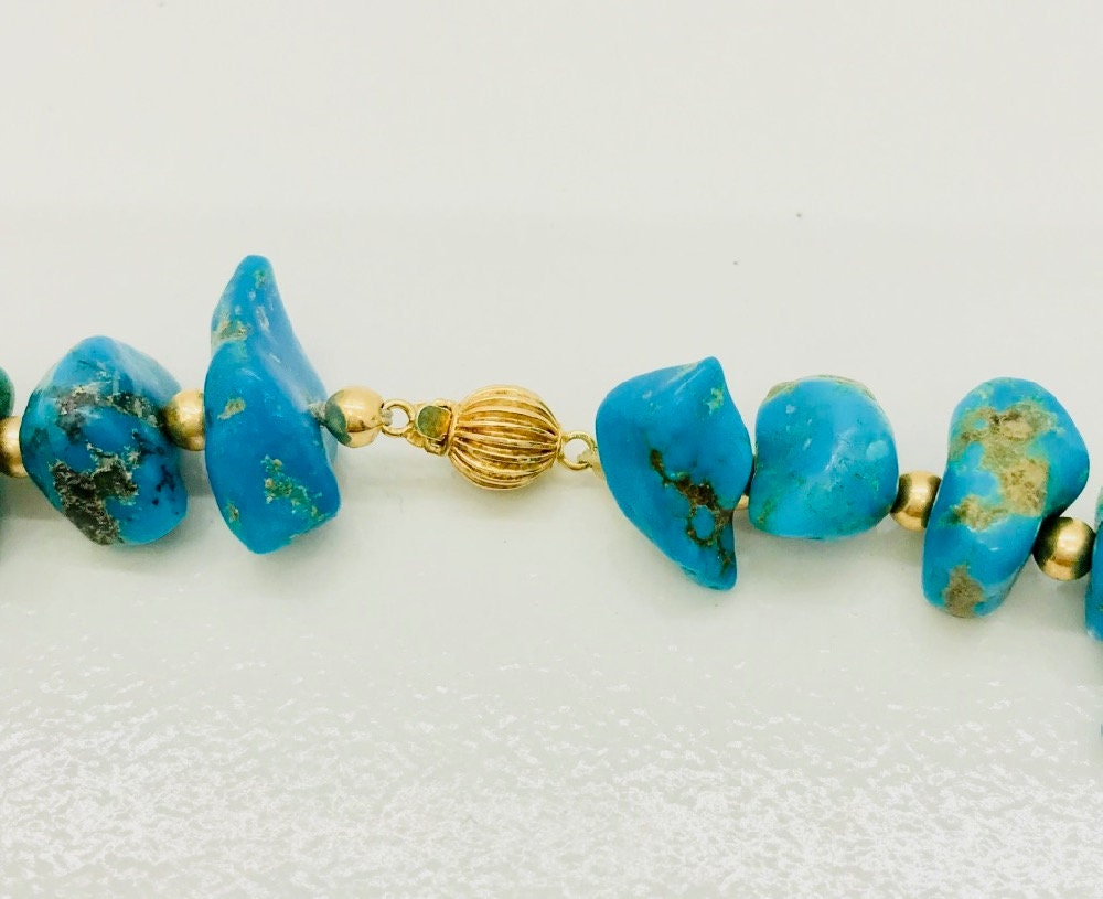 Chunky Turquoise Nugget Necklace: 14K Yellow Gold Beads, 20 Inch