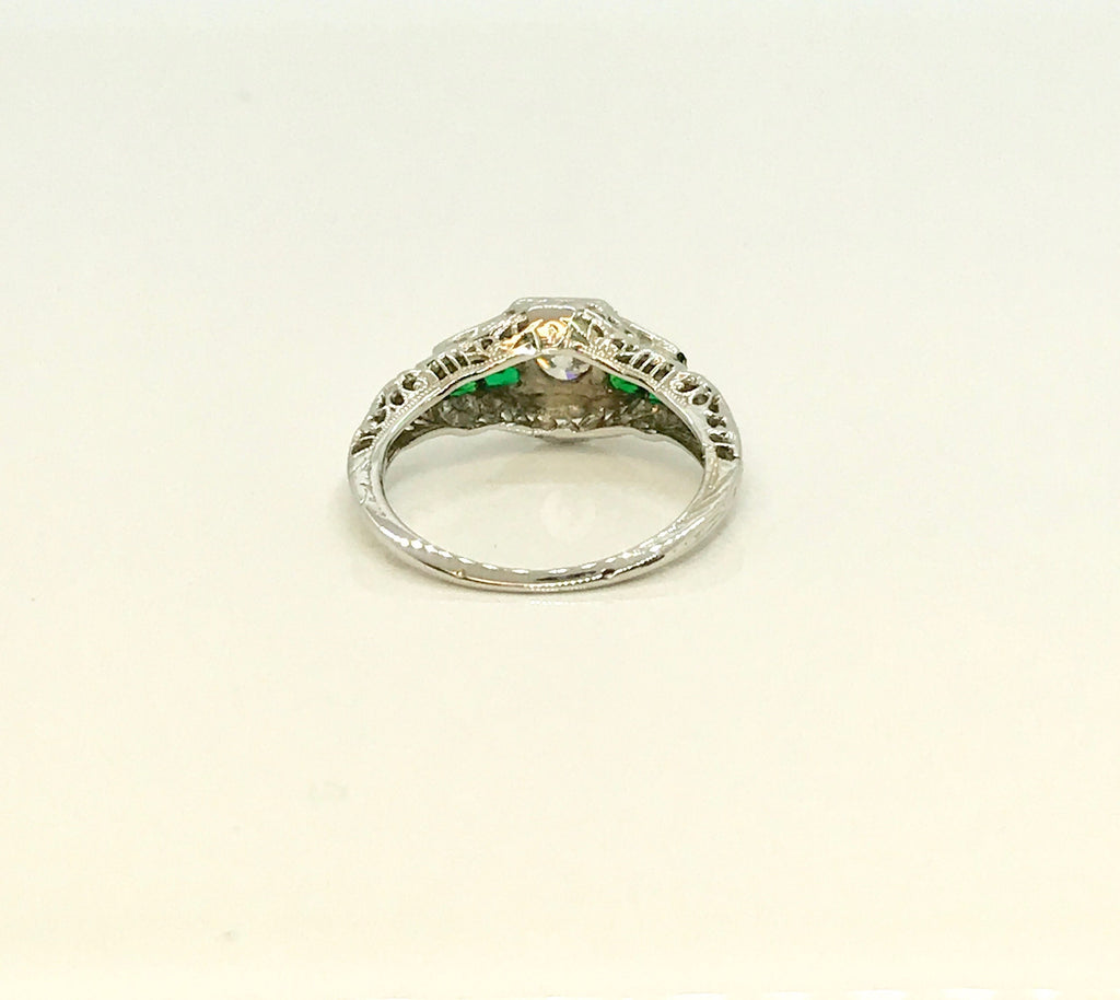White Gold Diamond and Synthetic Emerald Filigree Engagement Ring