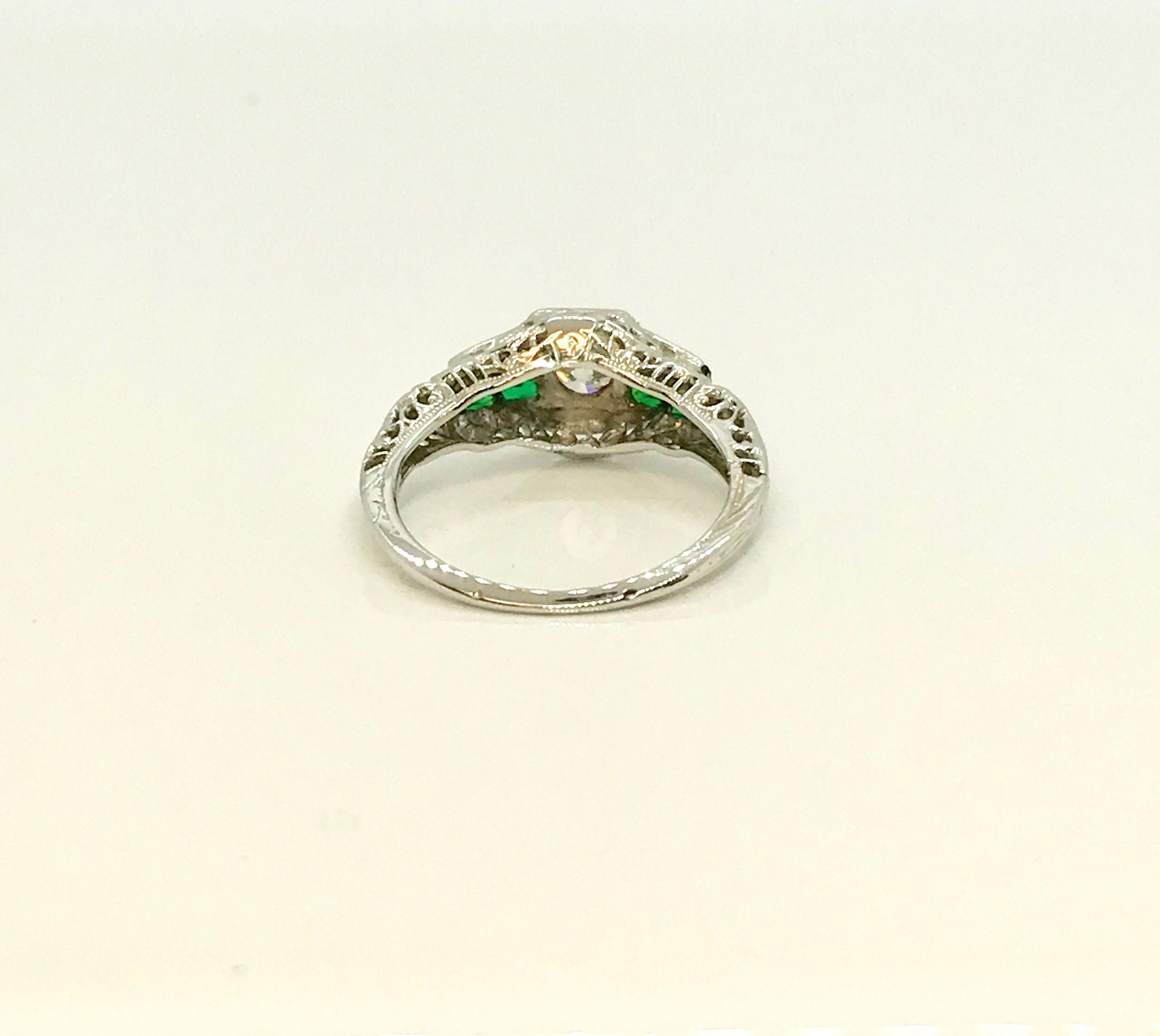White Gold Diamond and Synthetic Emerald Filigree Engagement Ring