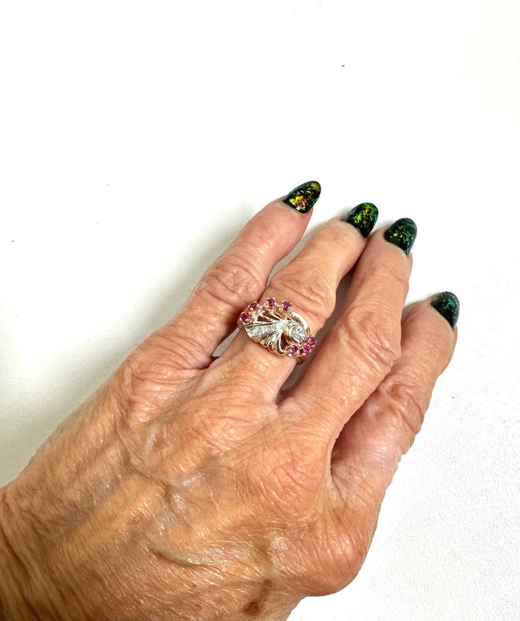 Vintage 14K Yellow-Pinkish Gold Ruby and Diamond Retro Ring - Cocktail Jewelry