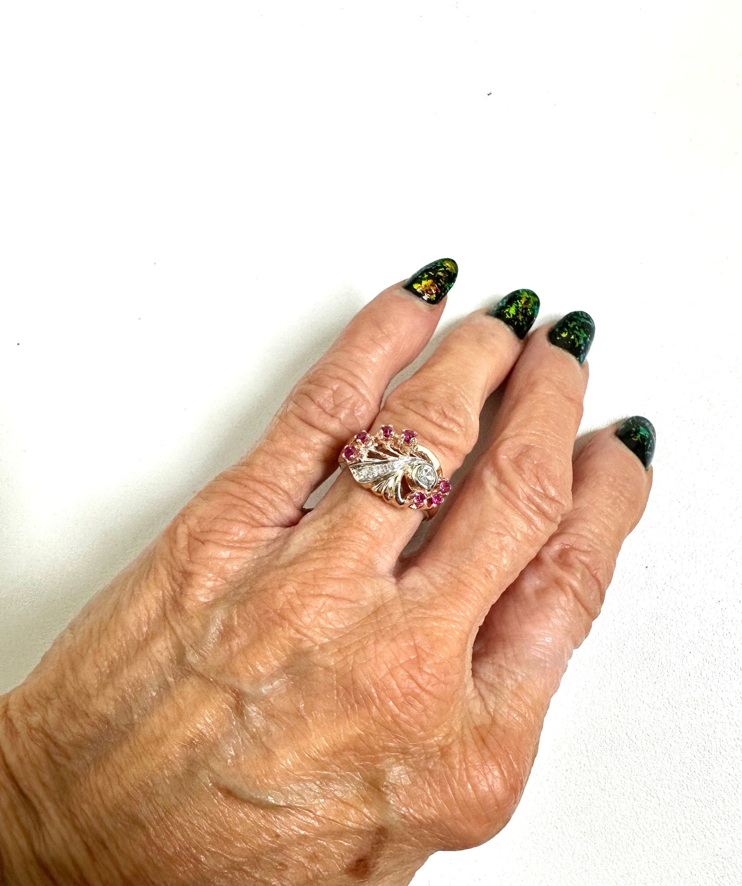 Vintage 14K Yellow-Pinkish Gold Ruby and Diamond Retro Ring - Cocktail Jewelry