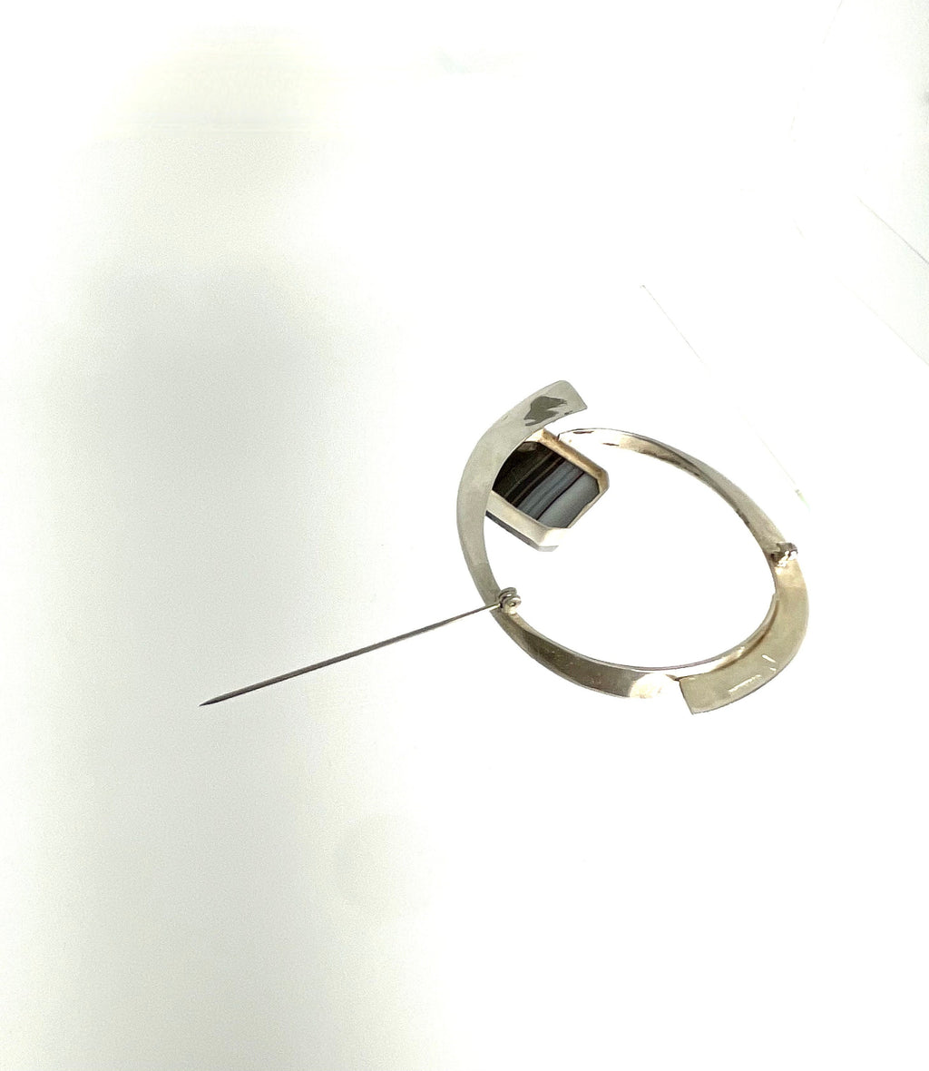 Vintage Banded Agate Brooch: Signed Sterling Silver Pin